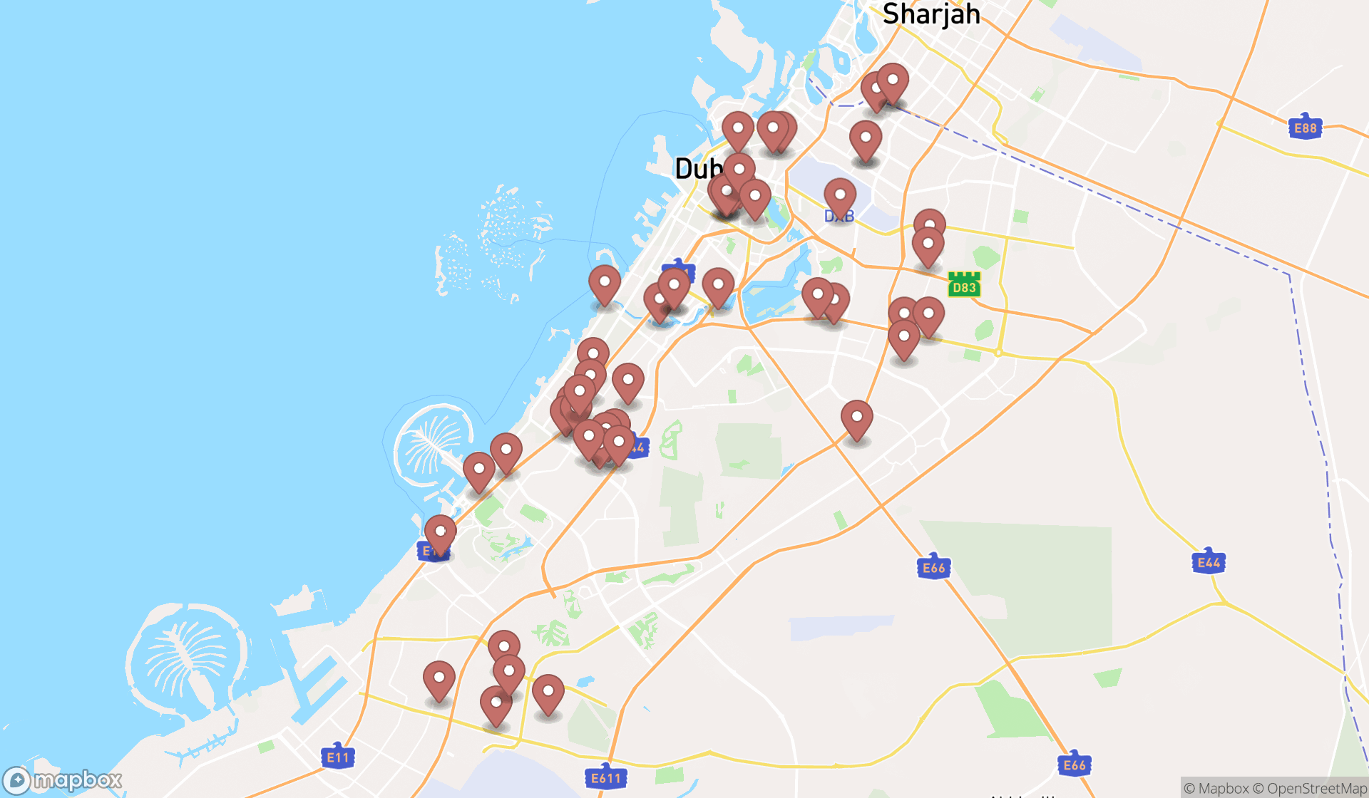 Map showing the search results in Dubai