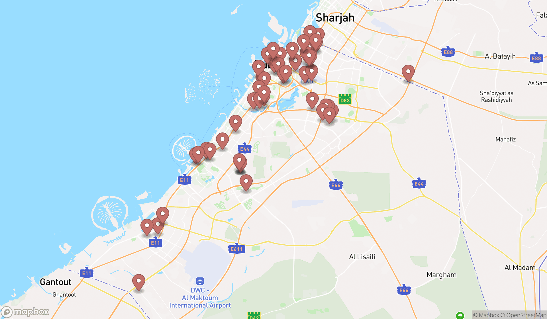 Map showing the search results in Dubai
