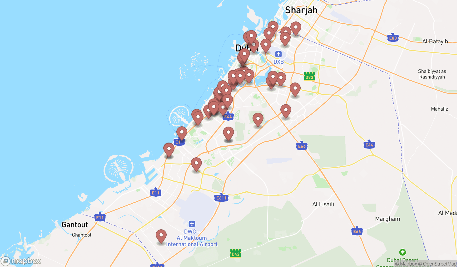 Map showing the search results in Dubai