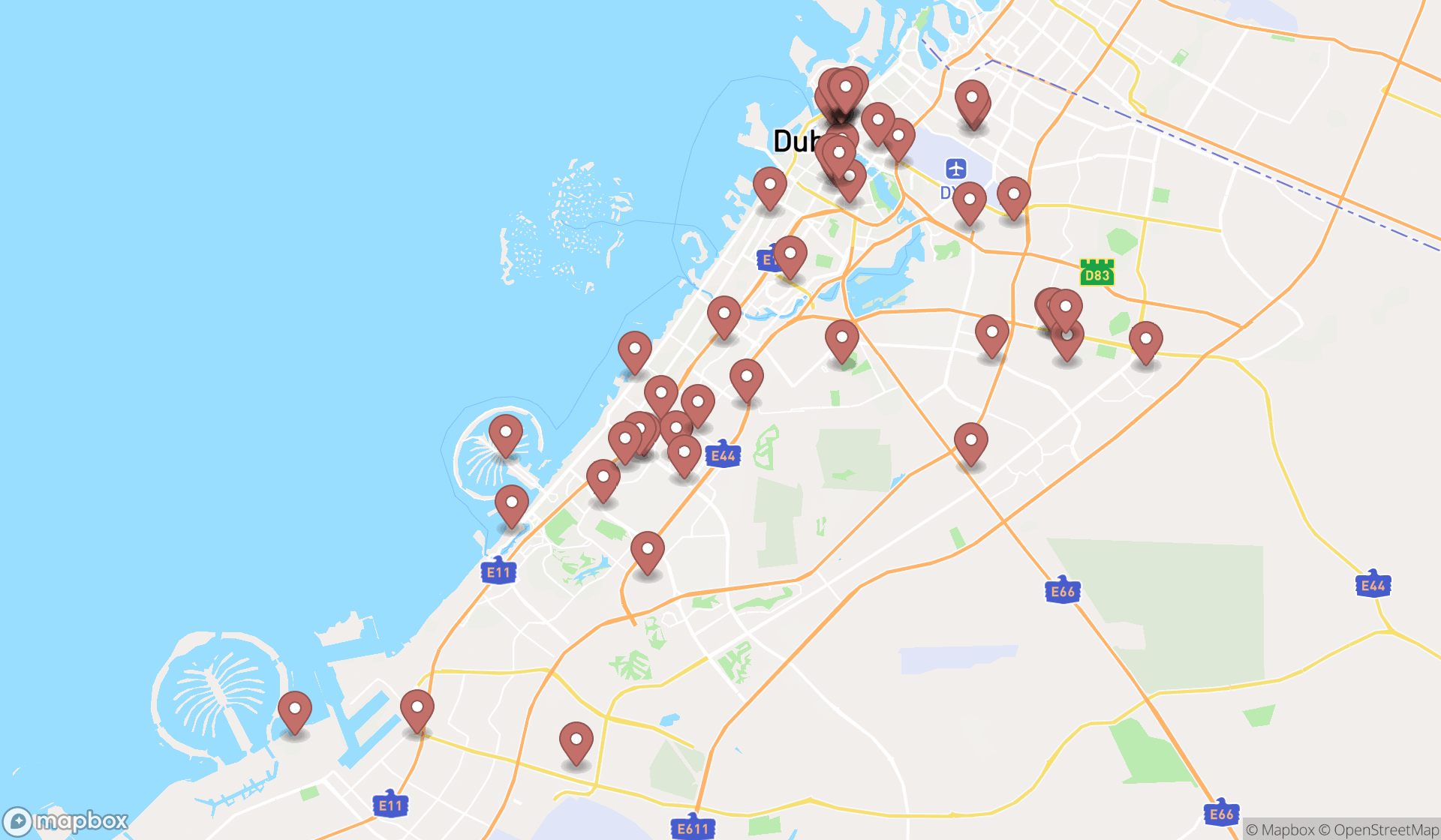 Map showing the search results in Dubai