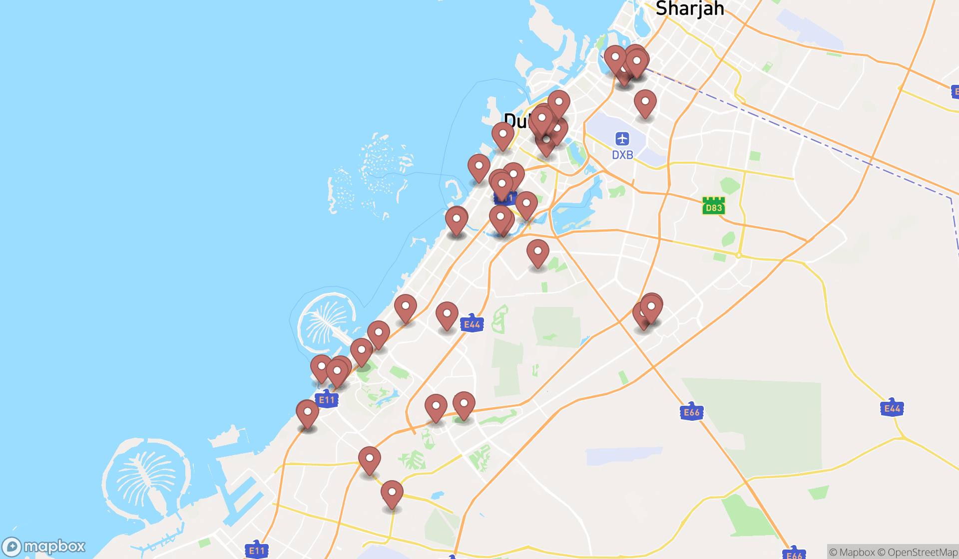 Map showing the search results in Dubai