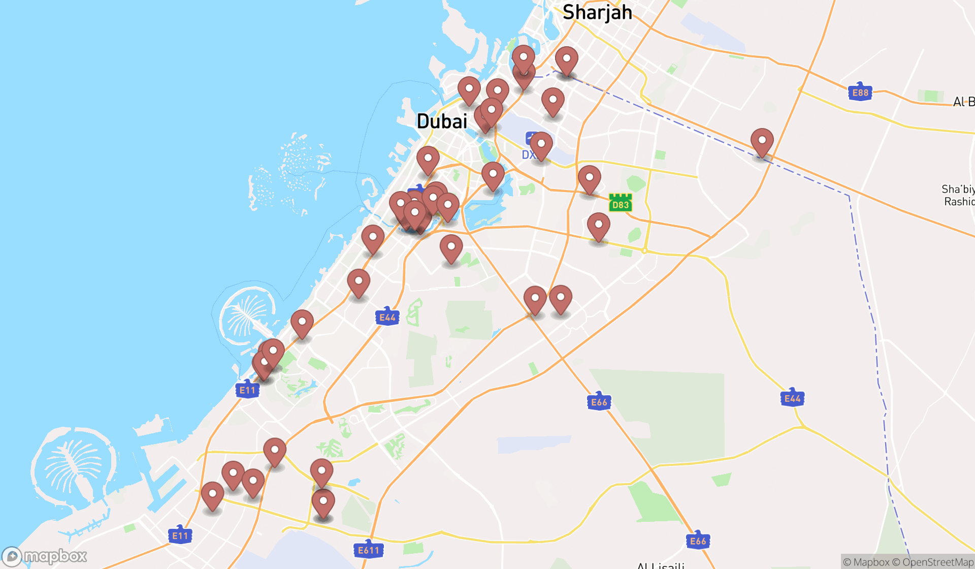 Map showing the search results in Dubai