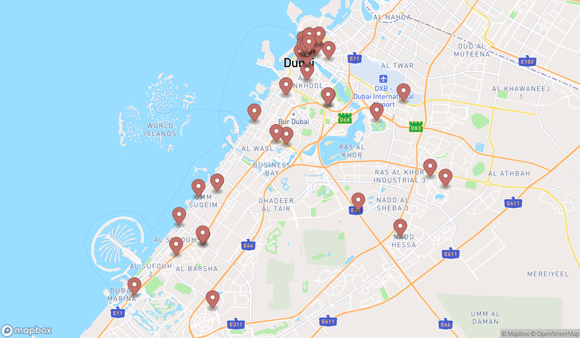 Map showing the search results in Dubai