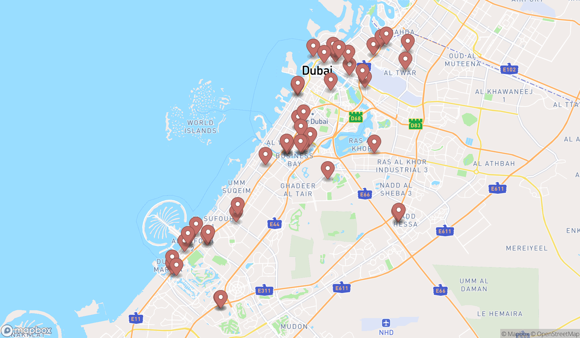 Map showing the search results in Dubai