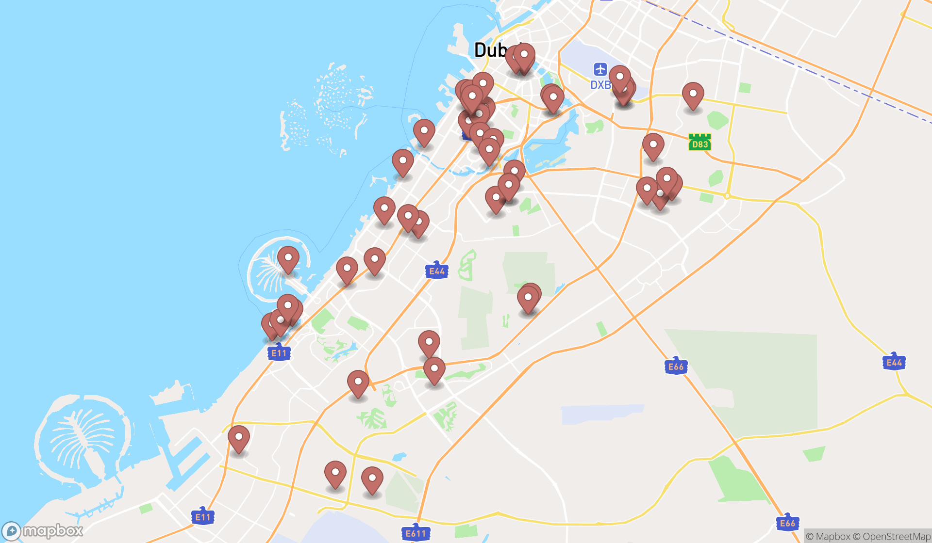 Map showing the search results in Dubai
