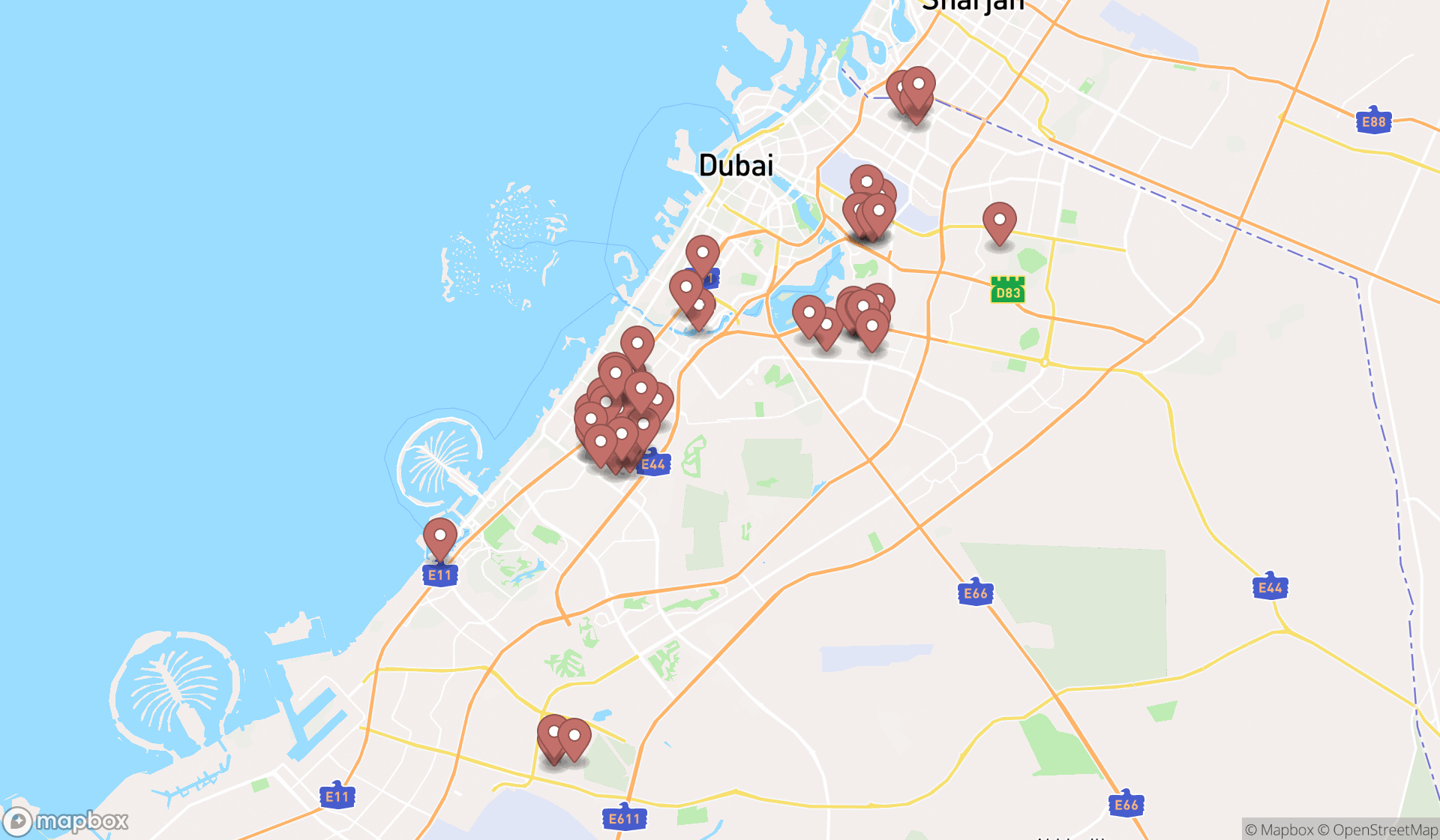 Map showing the search results in Dubai