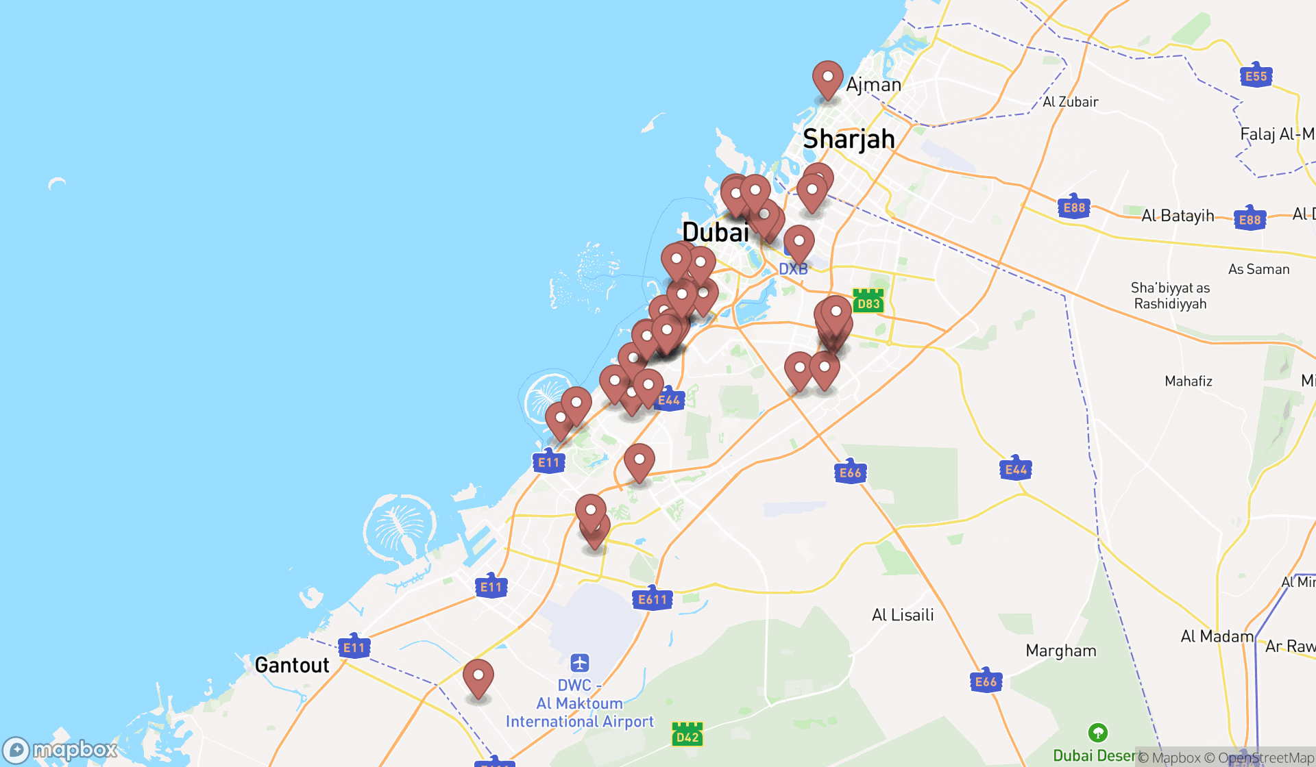 Map showing the search results in Dubai