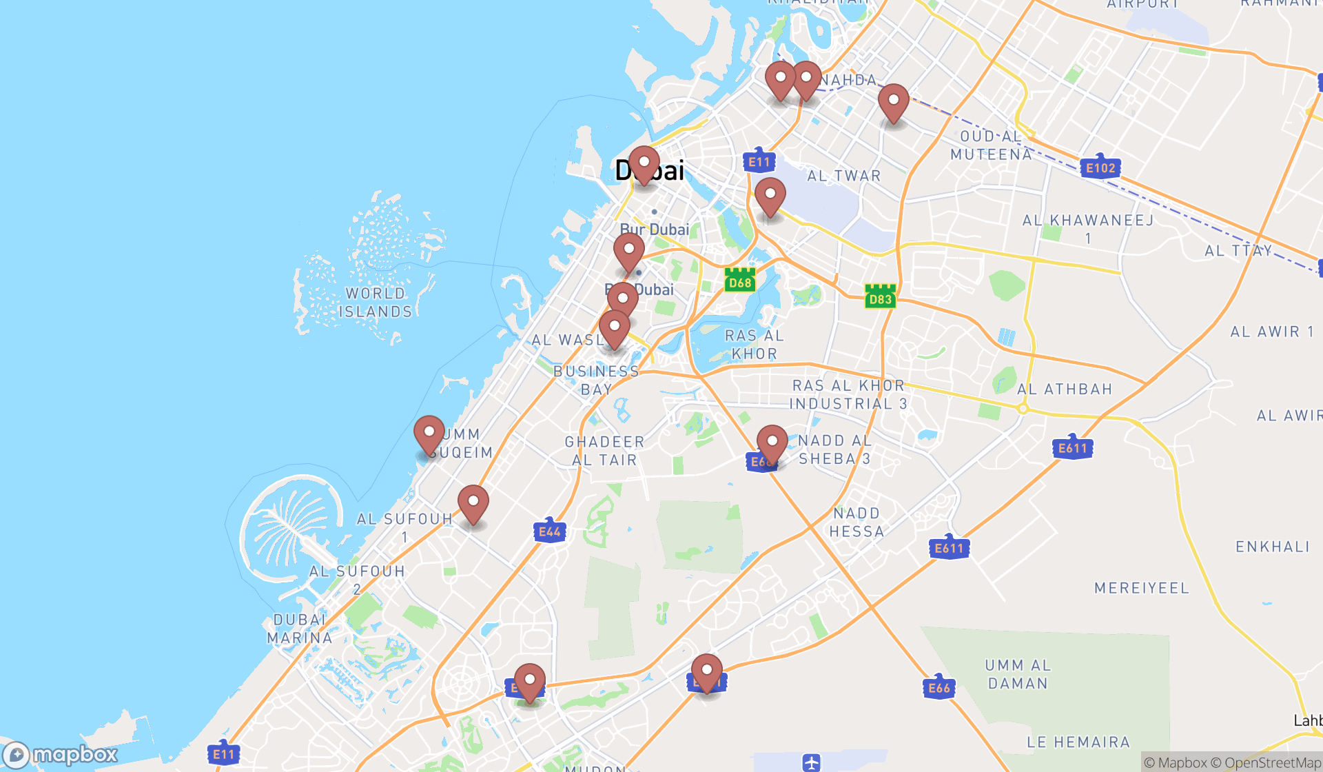 Map showing the search results in Dubai