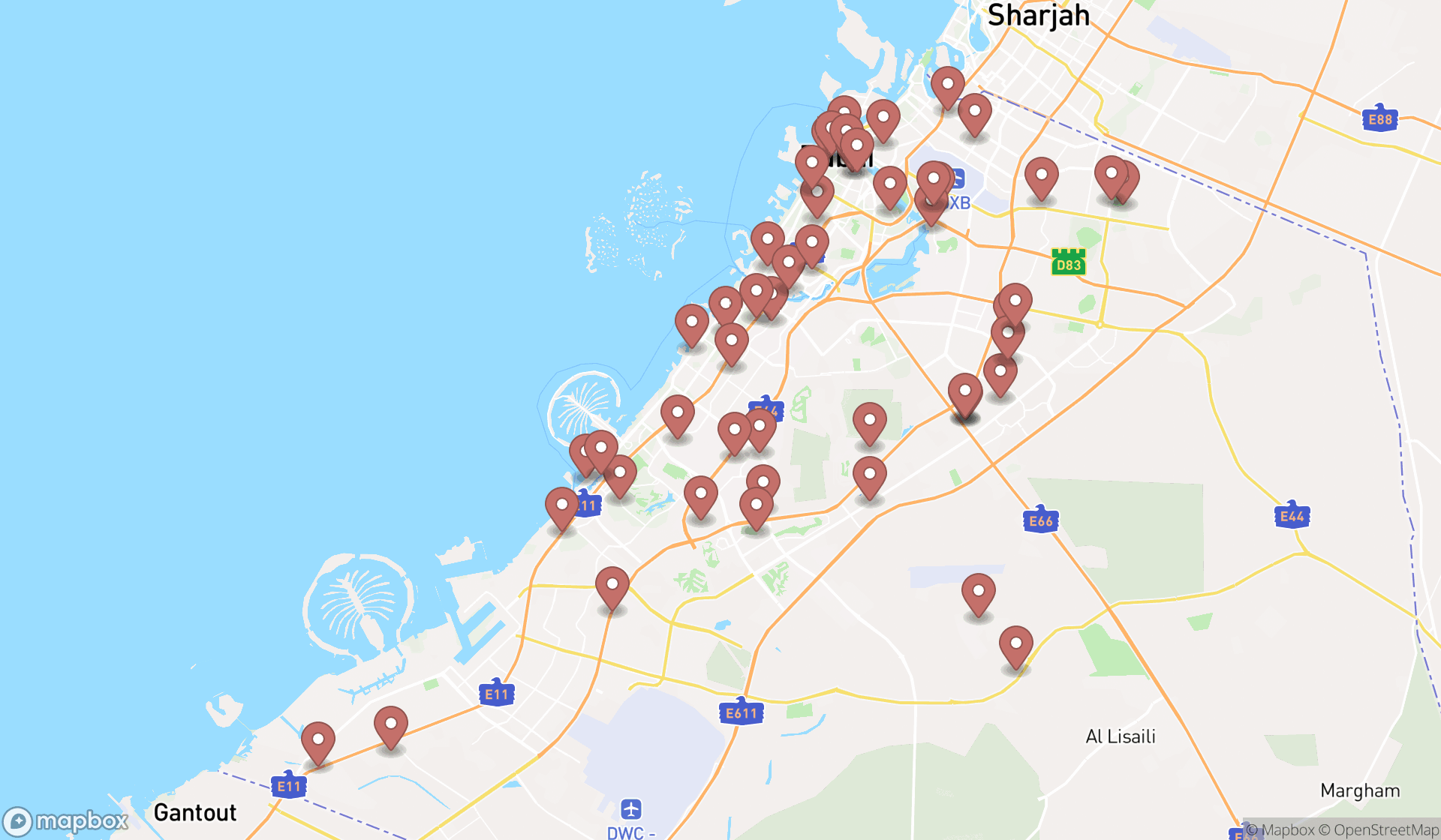 Map showing the search results in Dubai