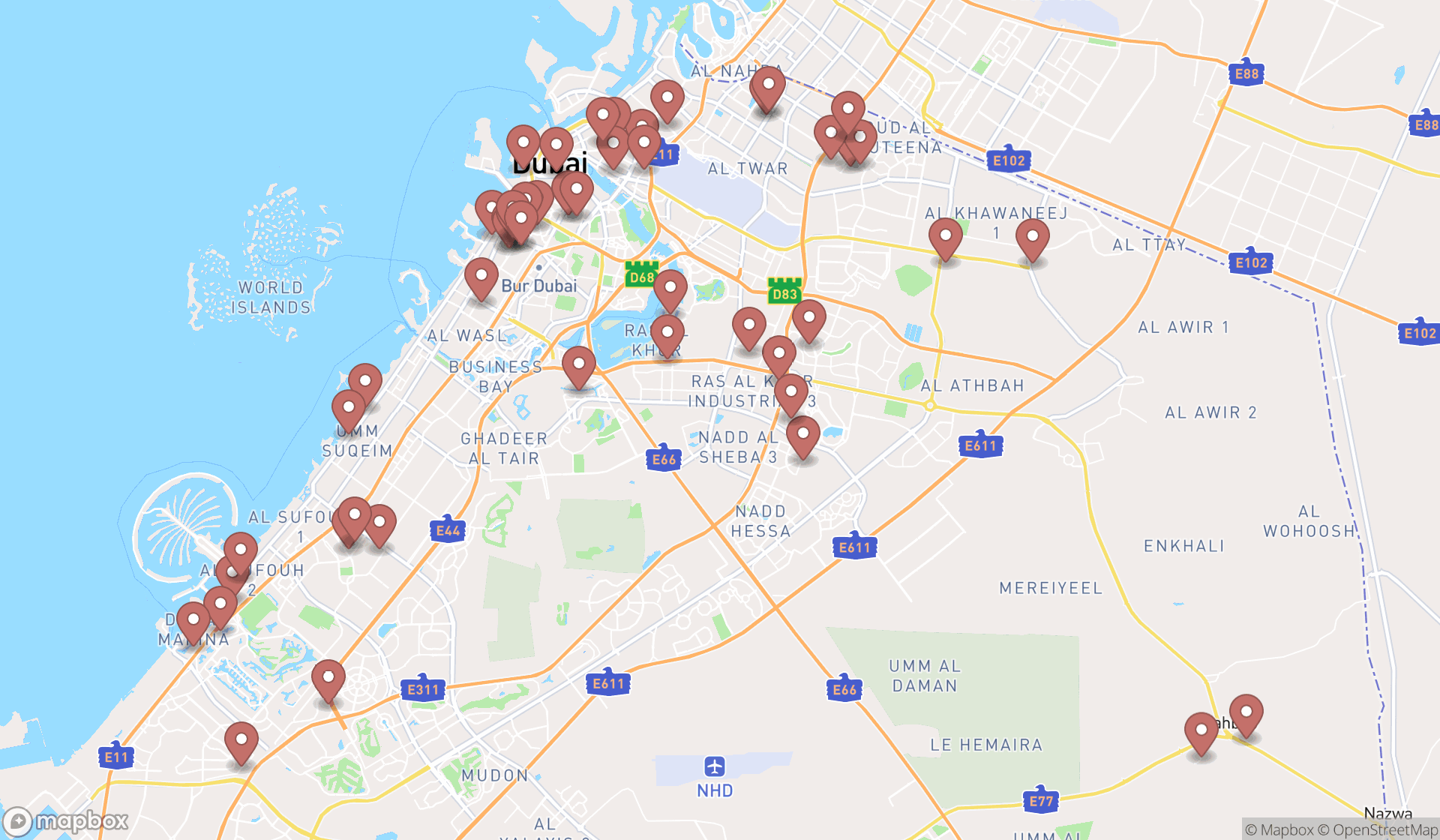 Map showing the search results in Dubai