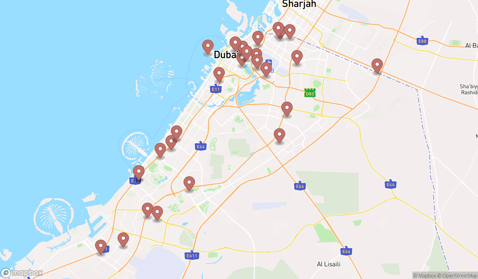 Map showing the search results in Dubai