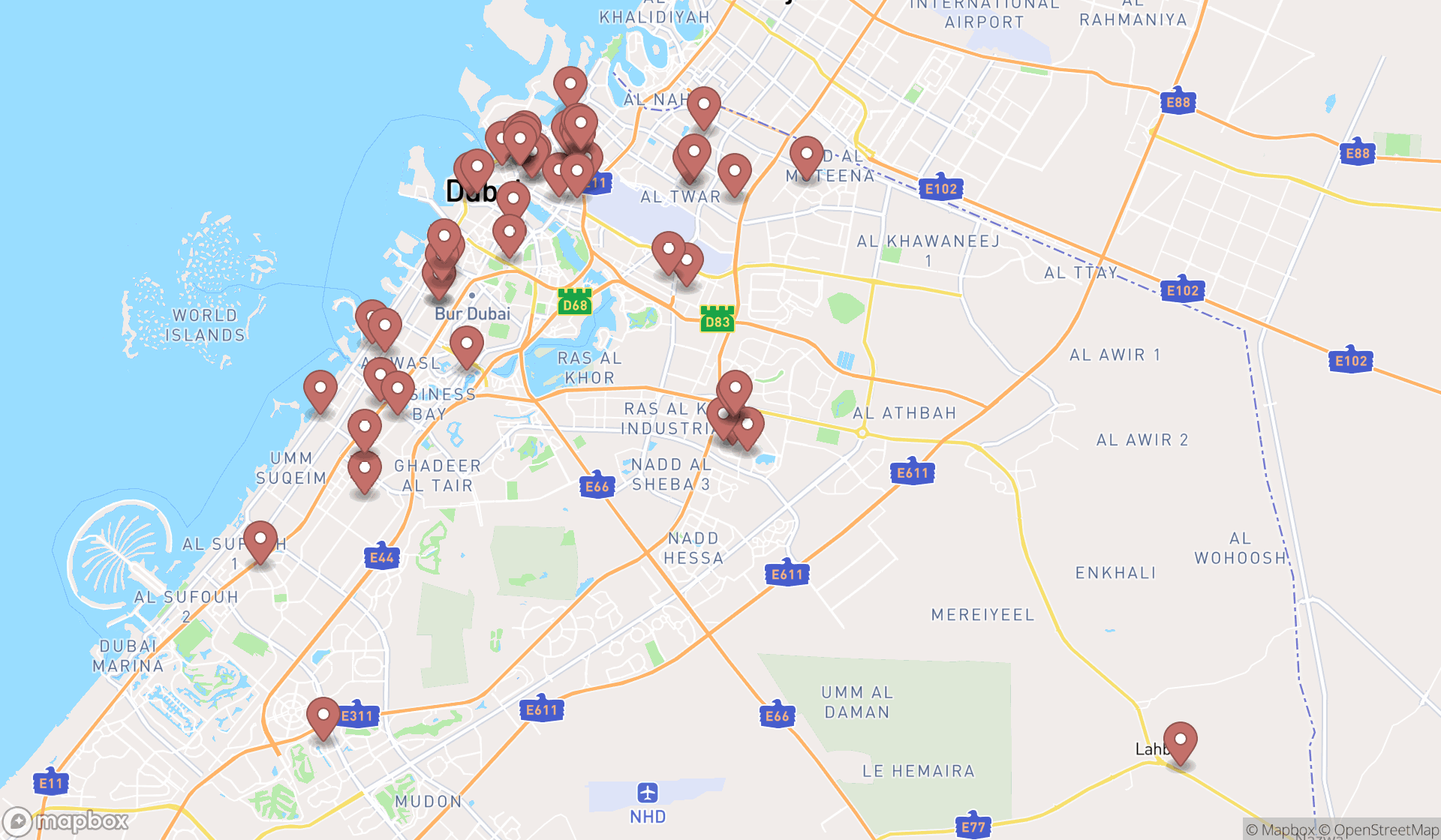 Map showing the search results in Dubai
