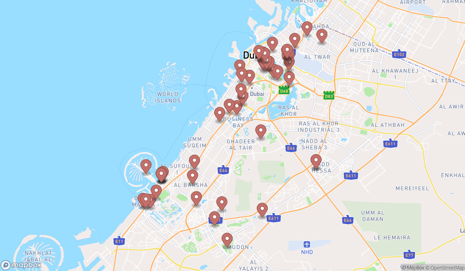 Map showing the search results in Dubai
