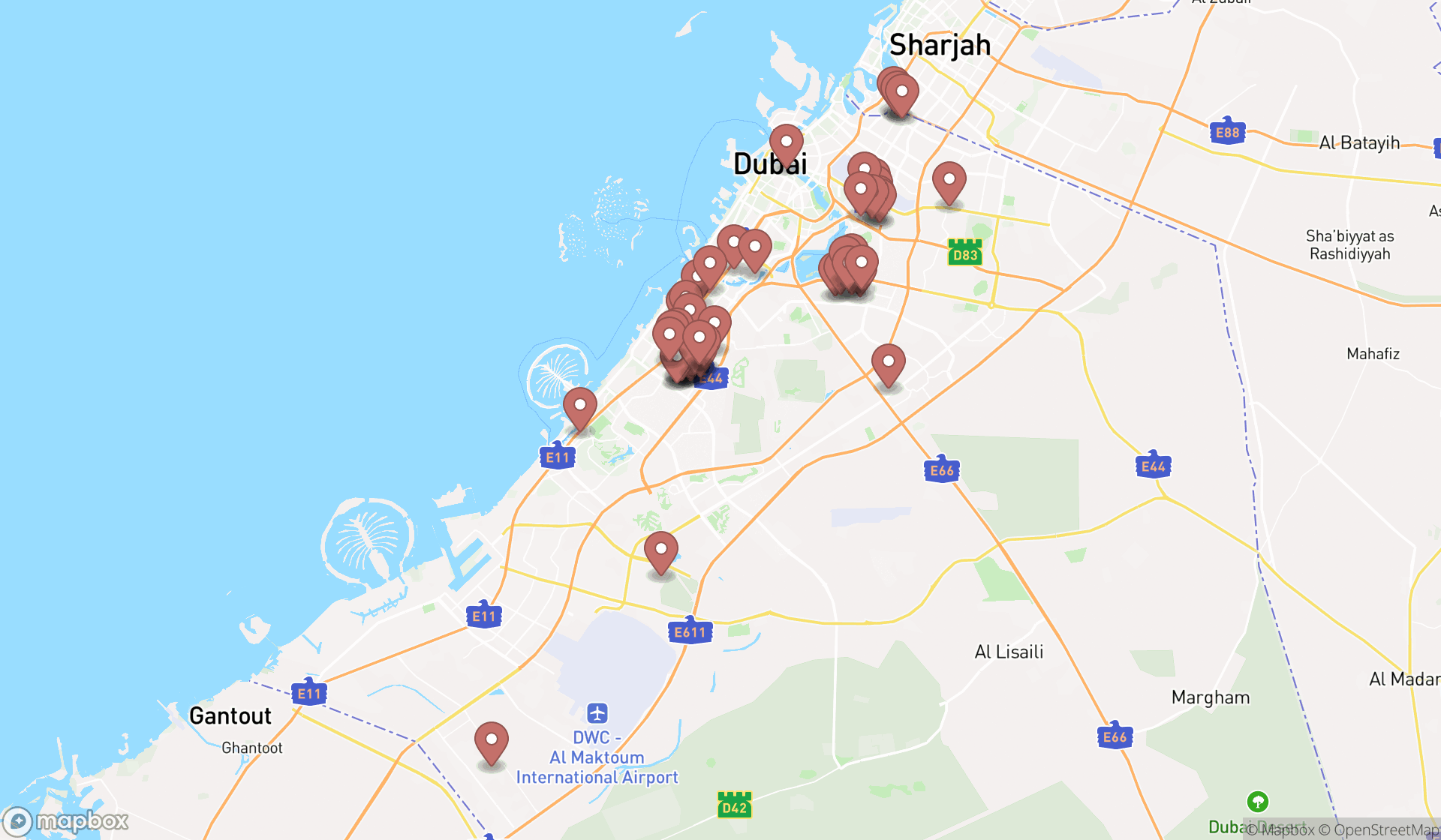 Map showing the search results in Dubai