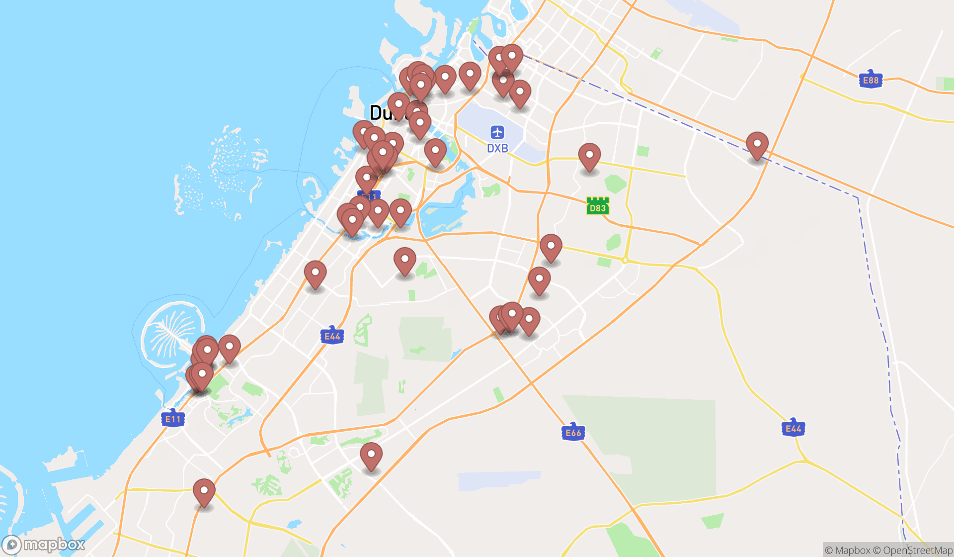 Map showing the search results in Dubai