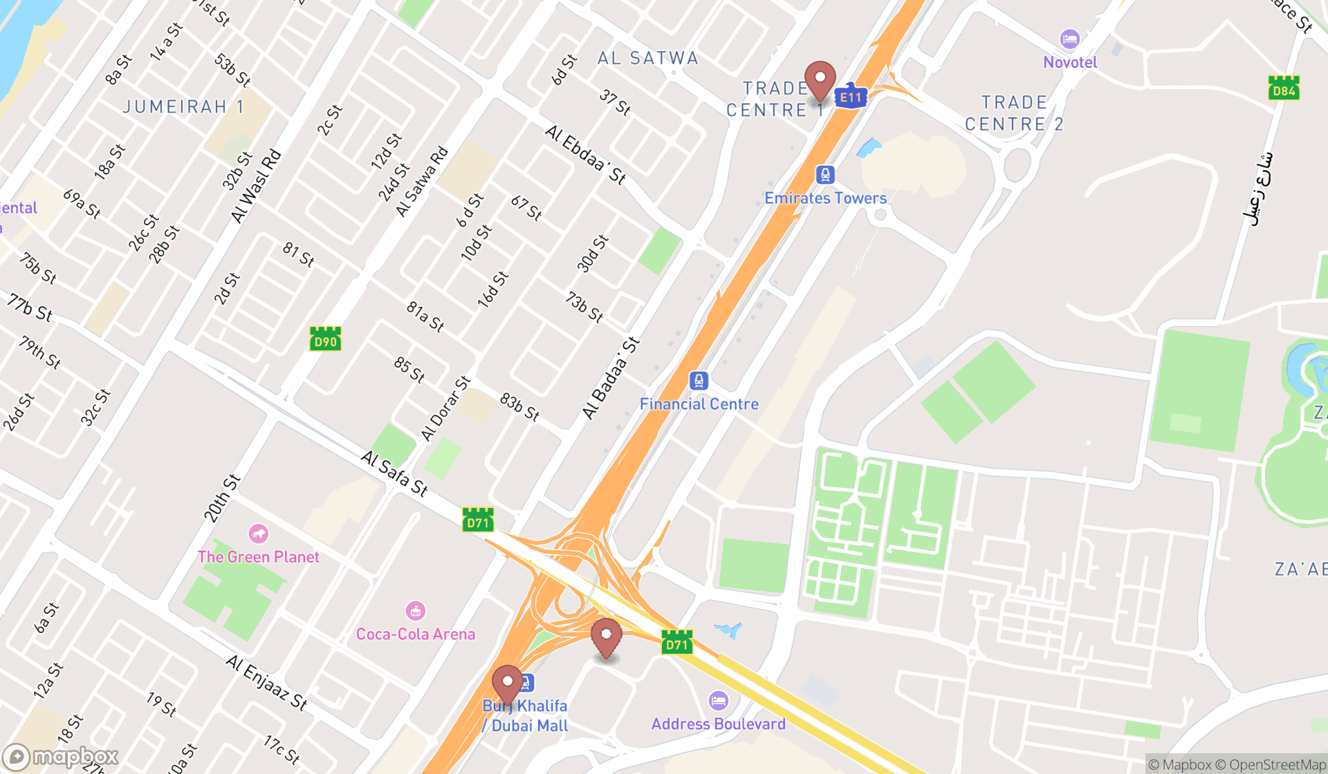 Map showing the search results in Dubai