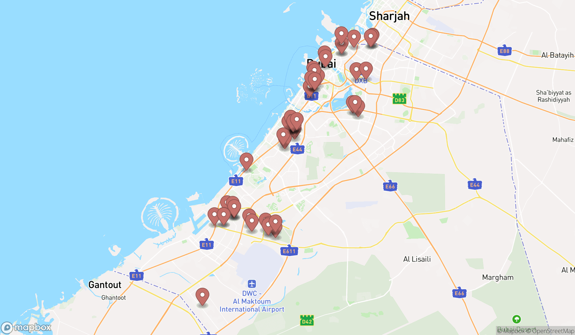 Map showing the search results in Dubai