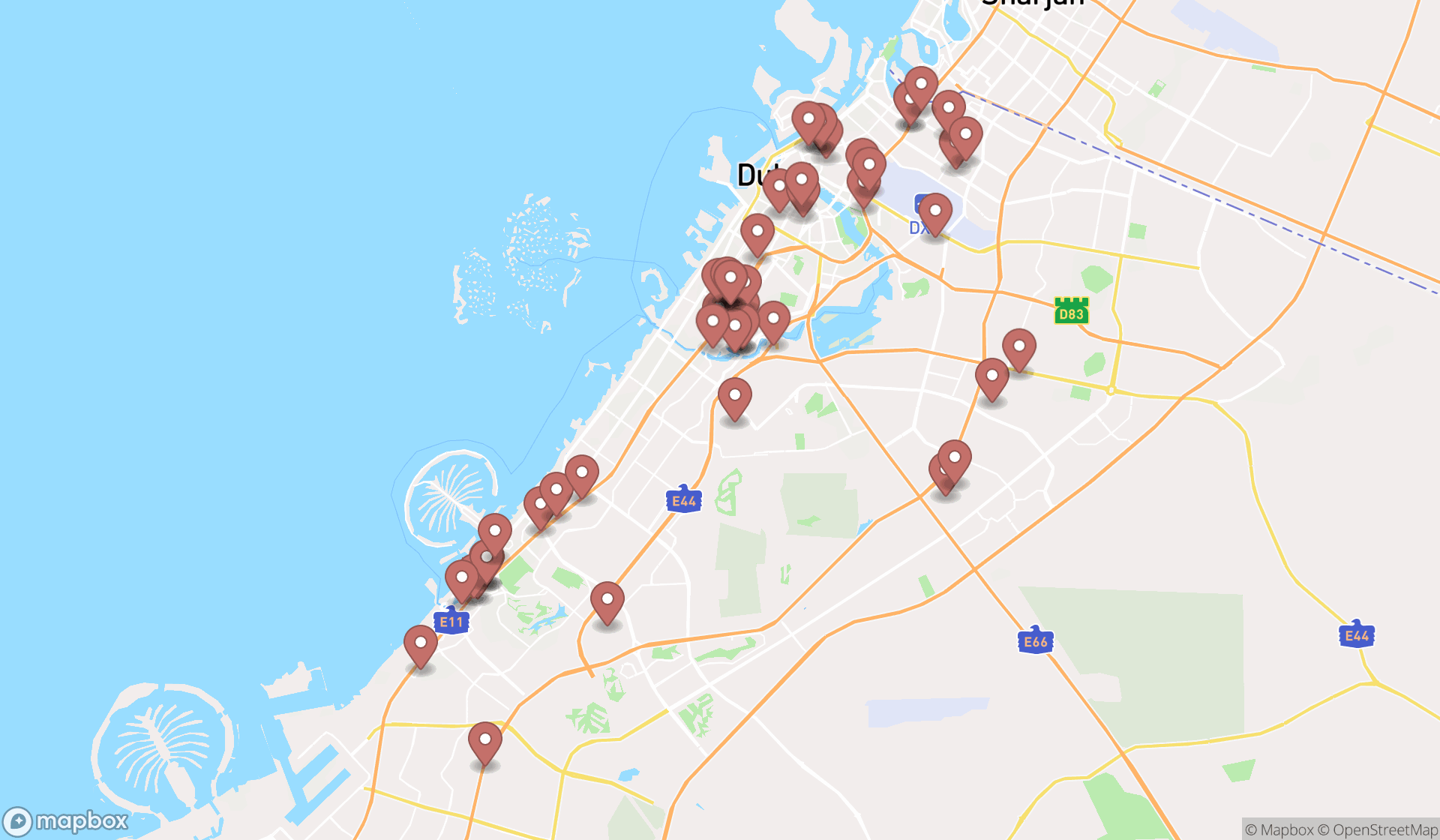 Map showing the search results in Dubai