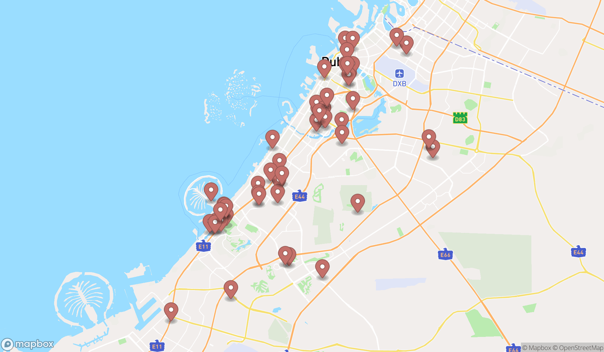 Map showing the search results in Dubai