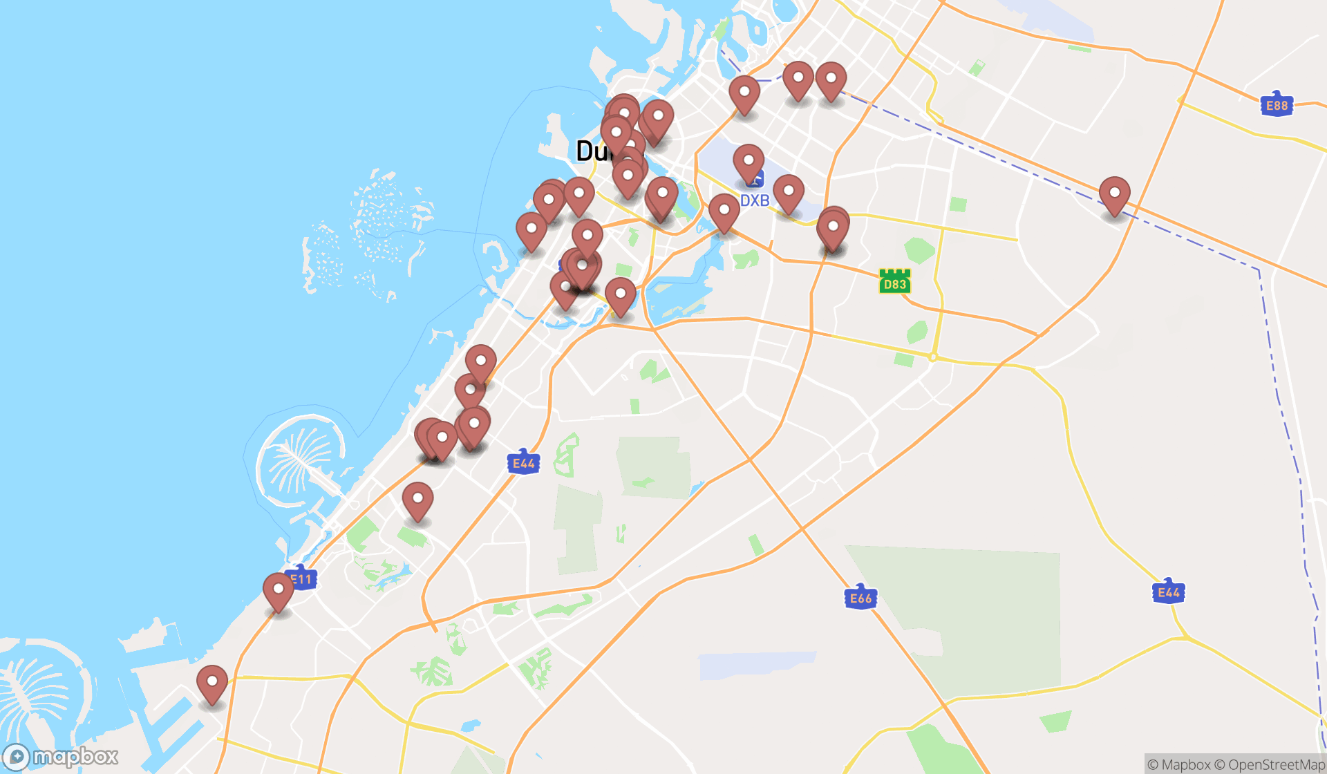 Map showing the search results in Dubai