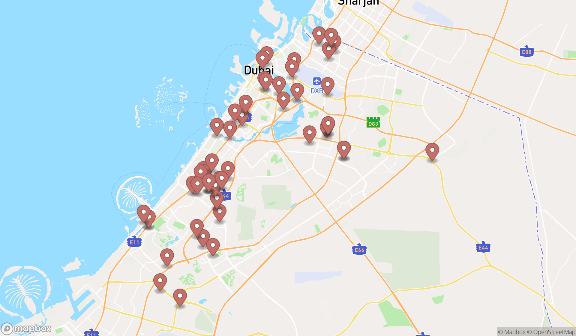 Map showing the search results in Dubai