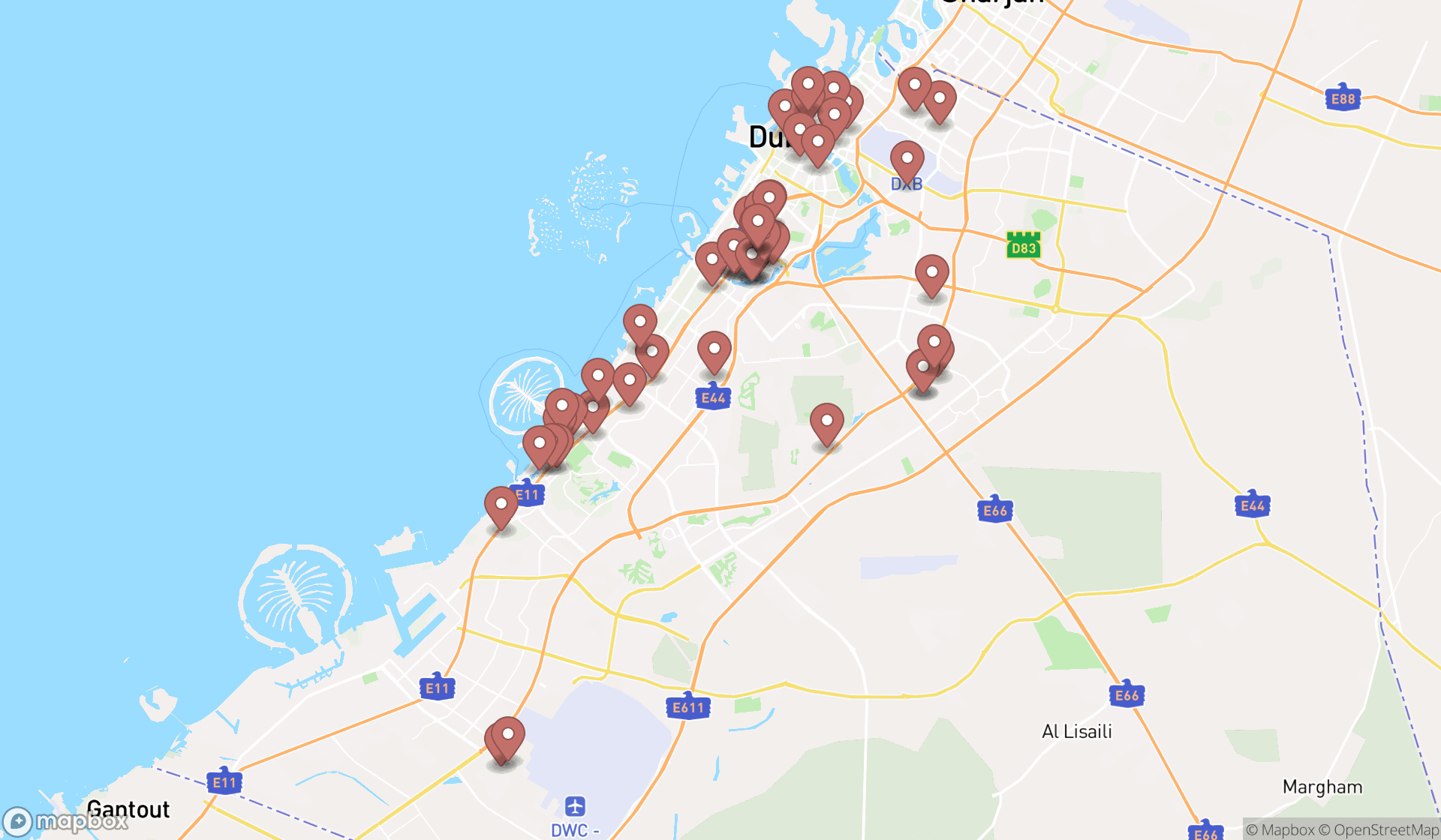 Map showing the search results in Dubai