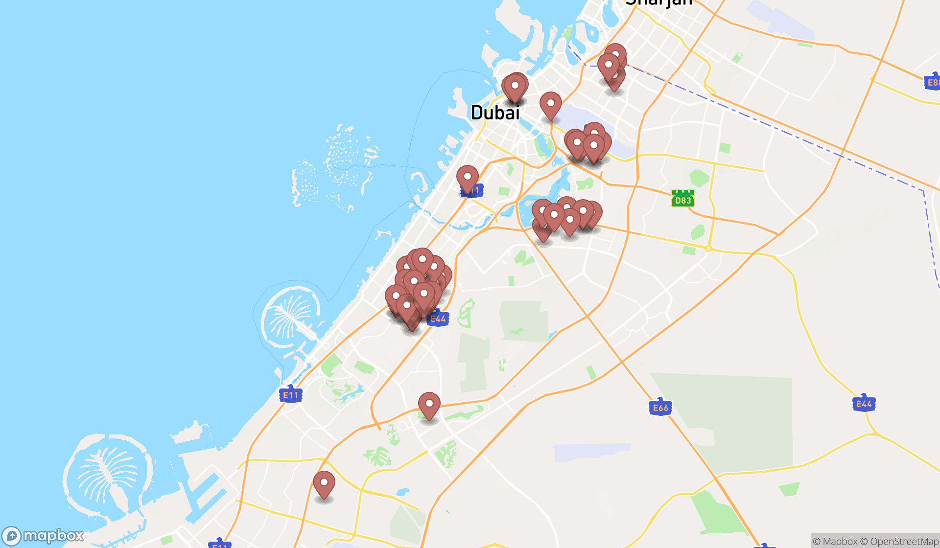 Map showing the search results in Dubai