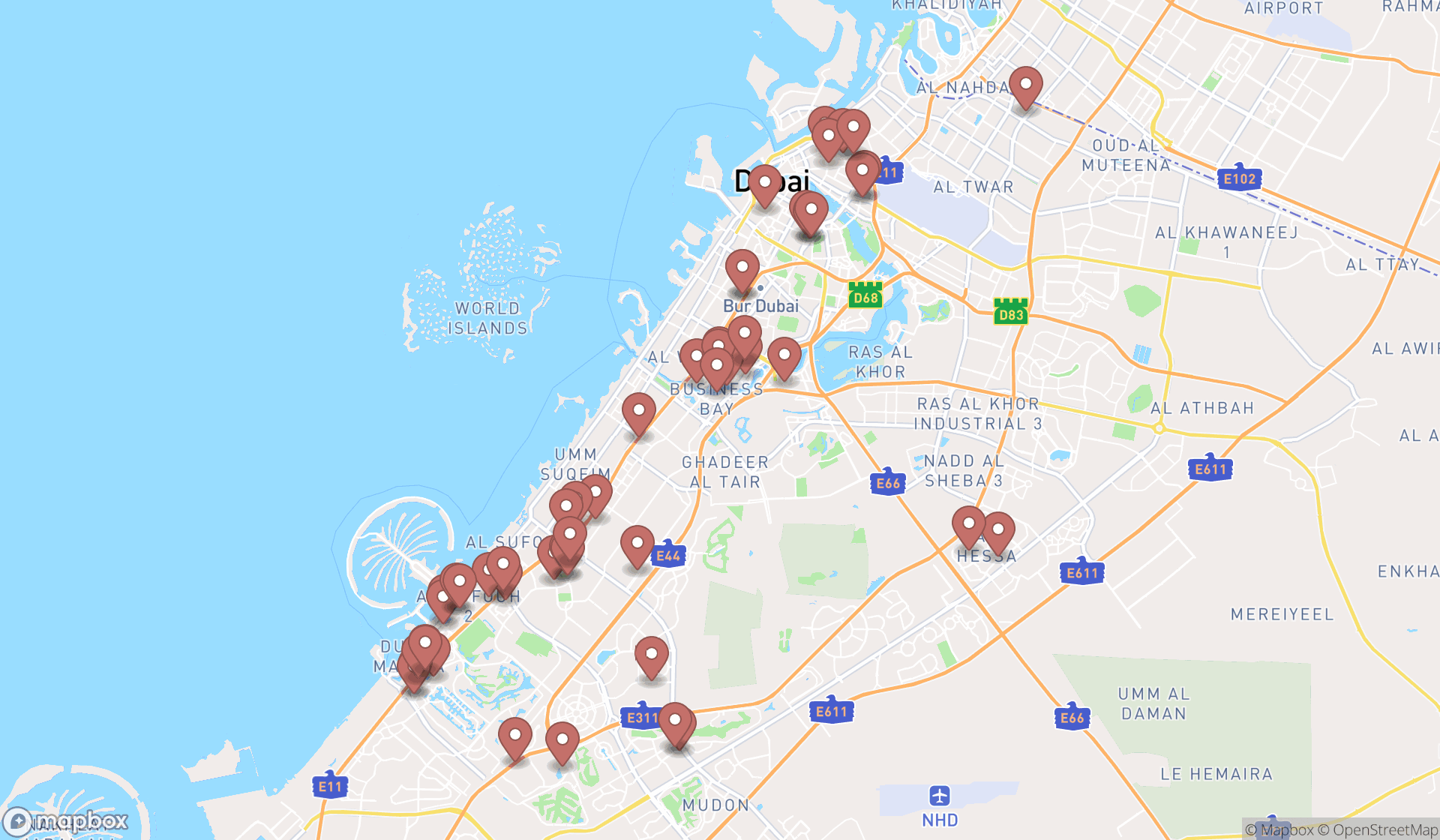 Map showing the search results in Dubai