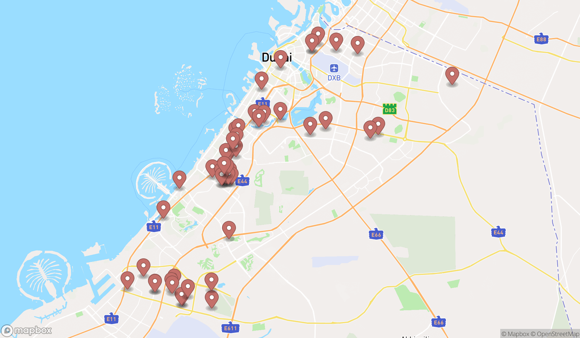Map showing the search results in Dubai
