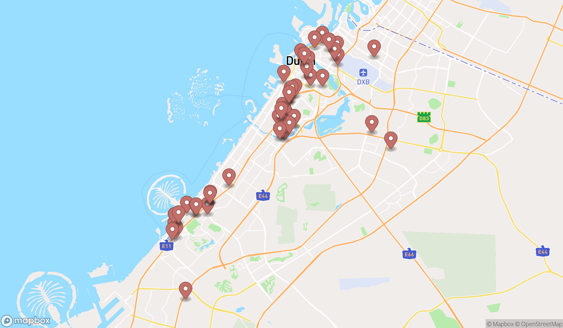 Map showing the search results in Dubai