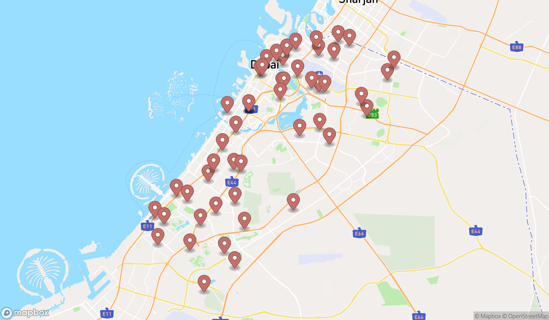 Map showing the search results in Dubai