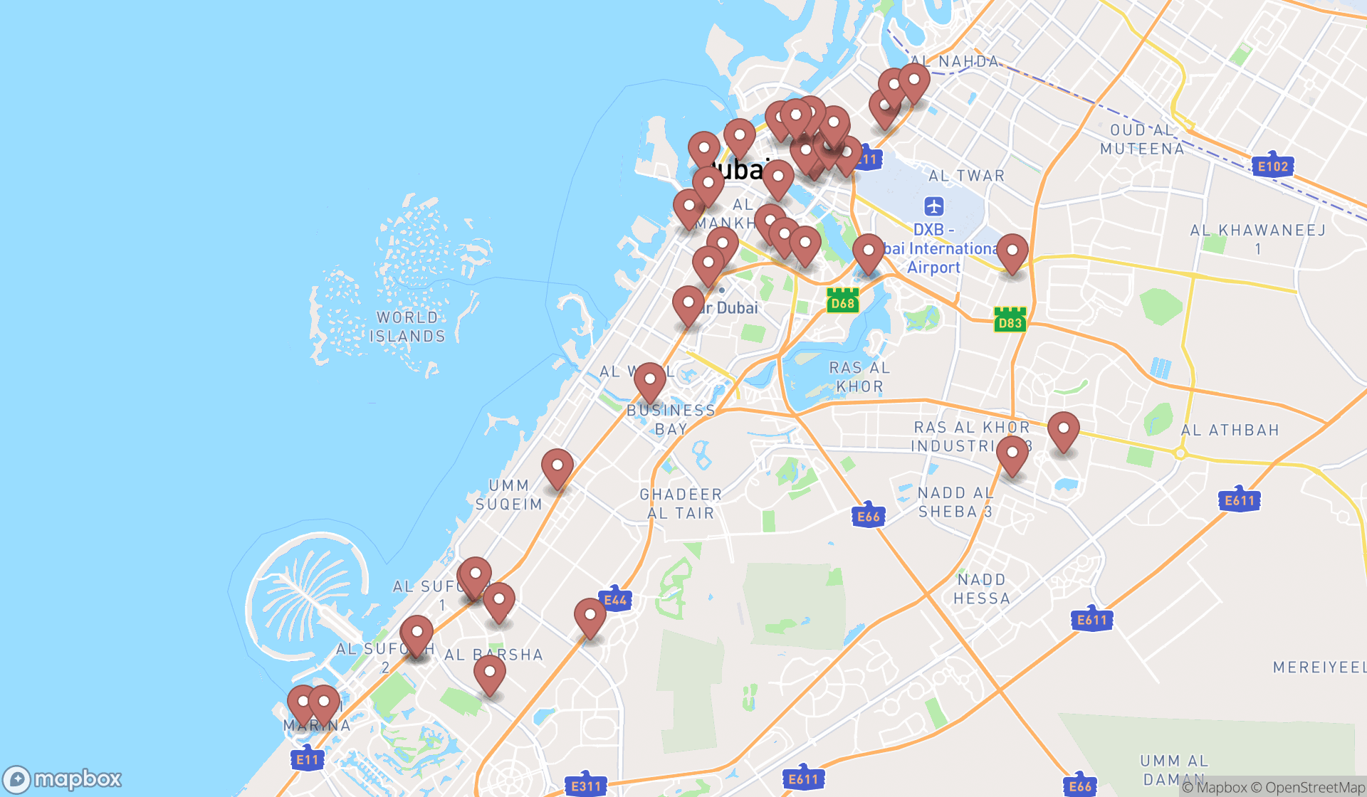 Map showing the search results in Dubai