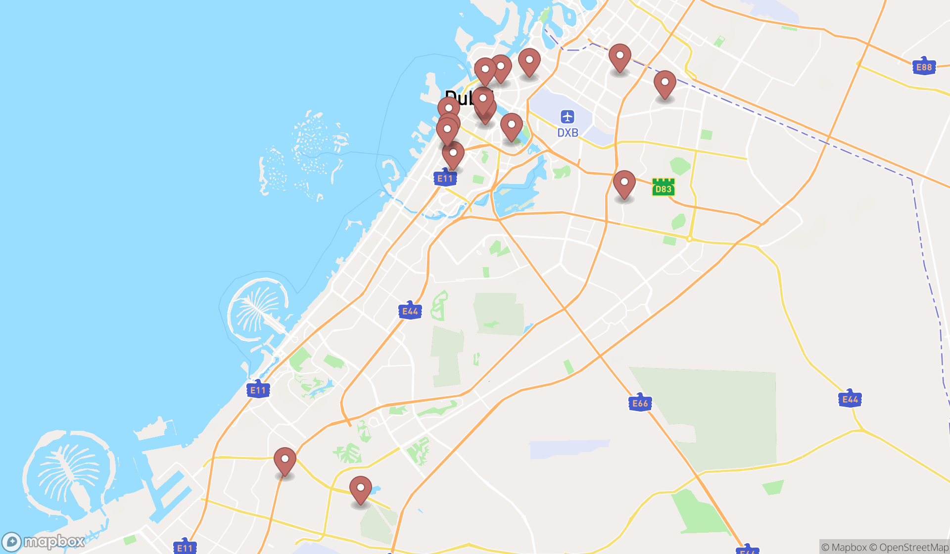 Map showing the search results in Dubai