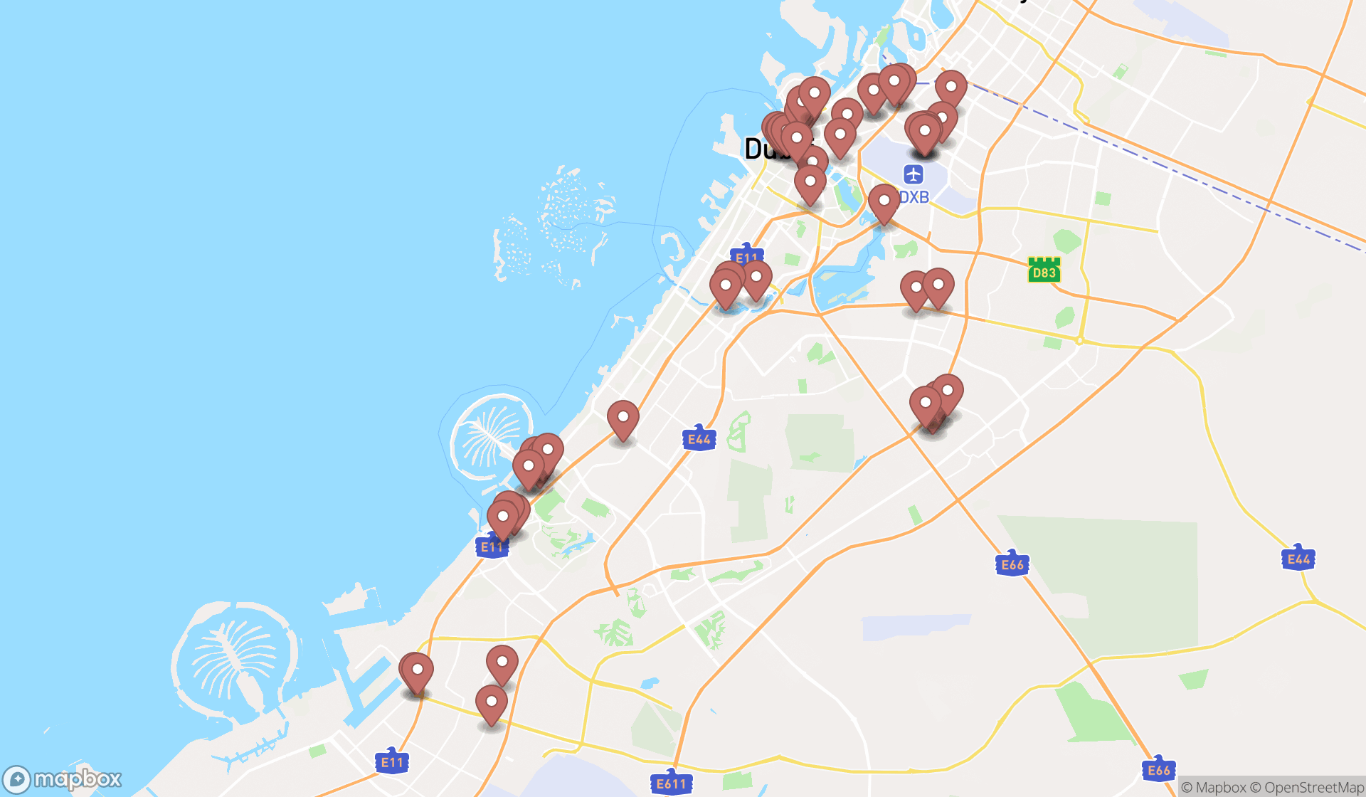 Map showing the search results in Dubai