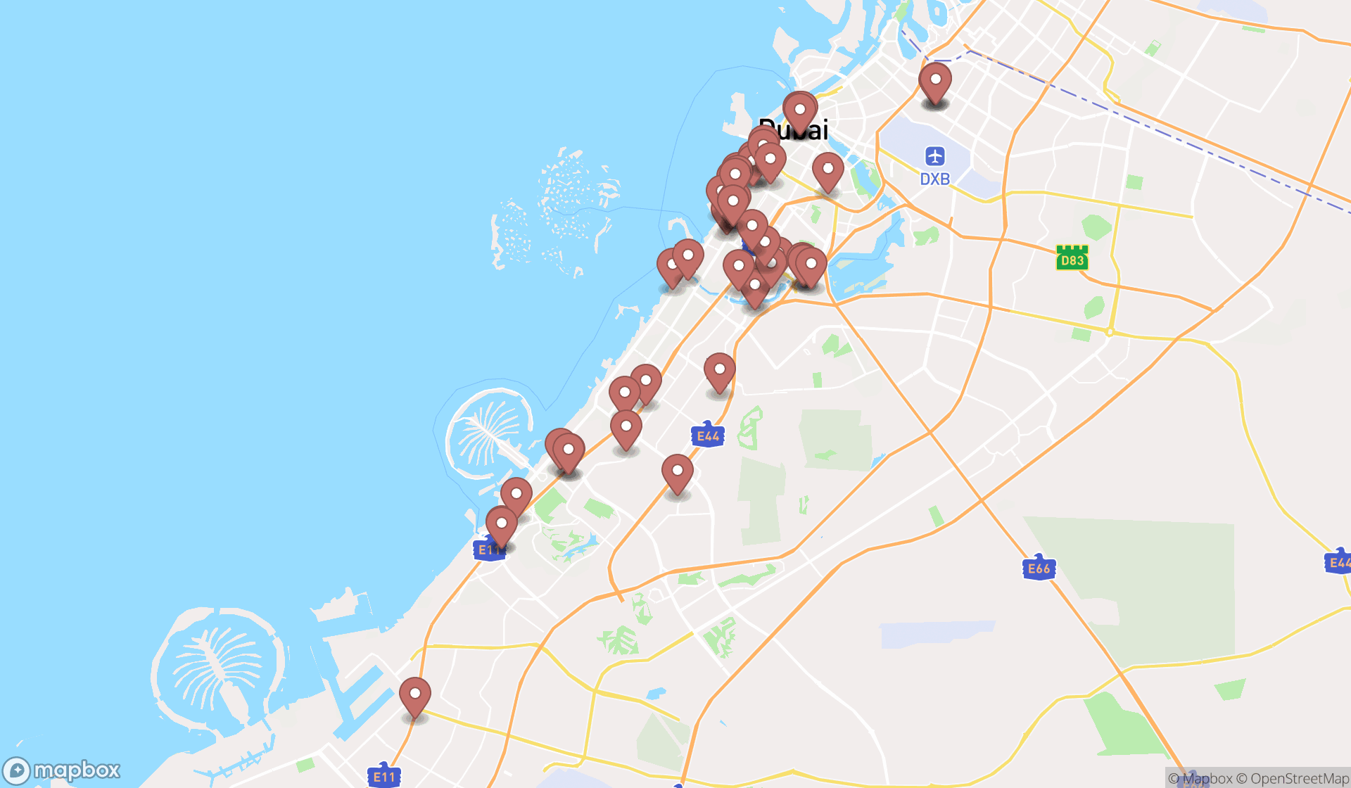 Map showing the search results in Dubai