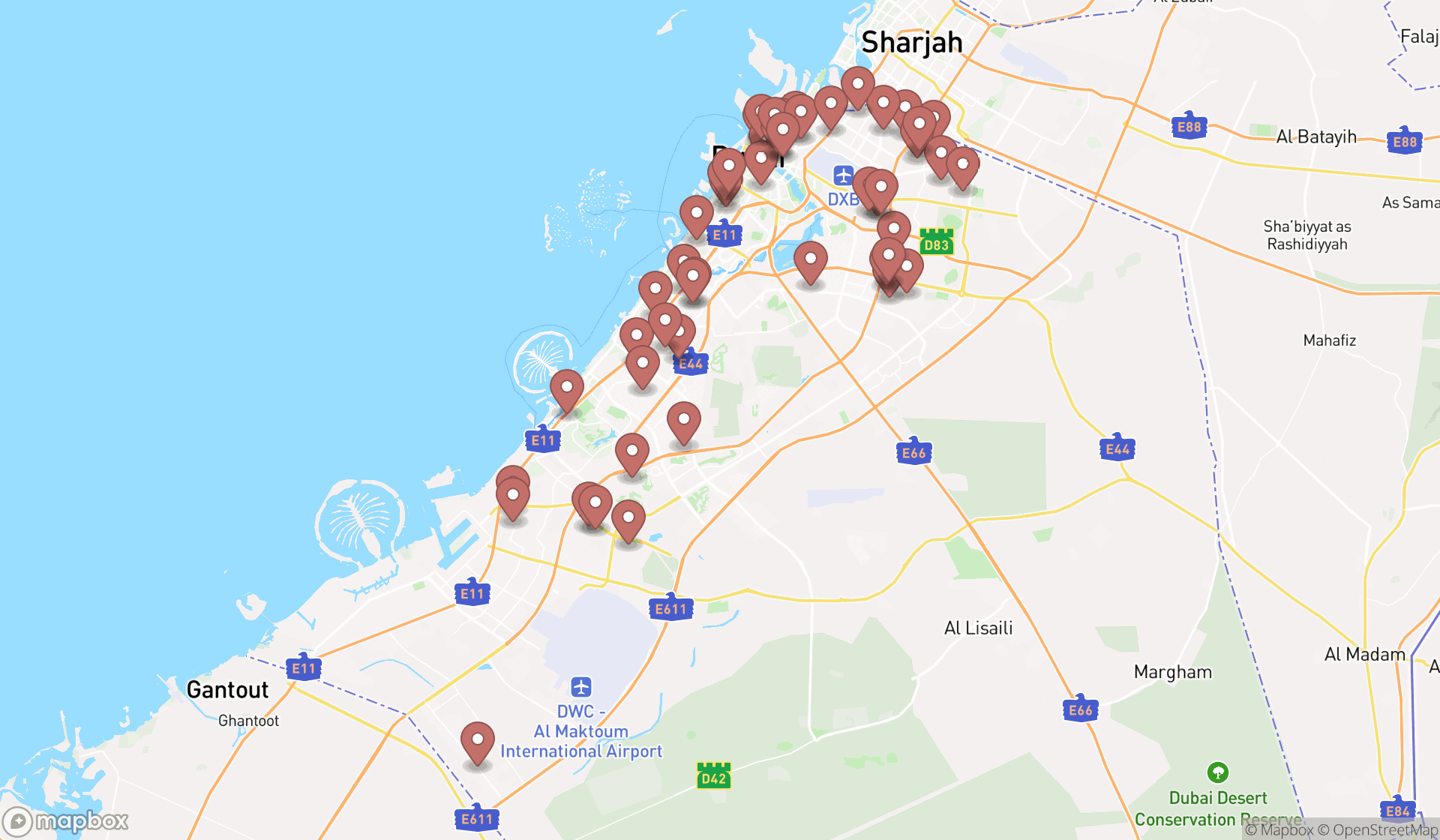 Map showing the search results in Dubai