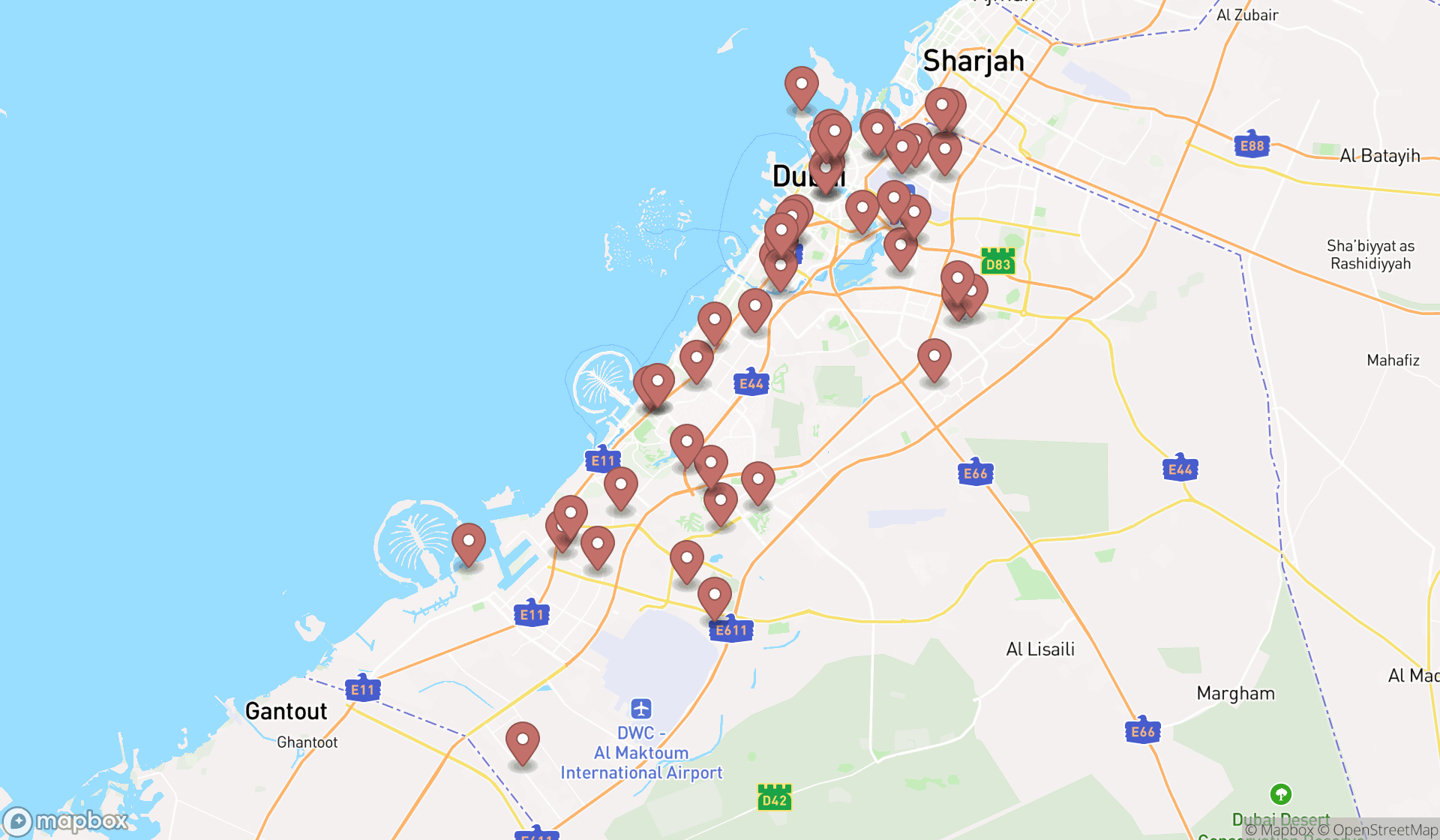 Map showing the search results in Dubai