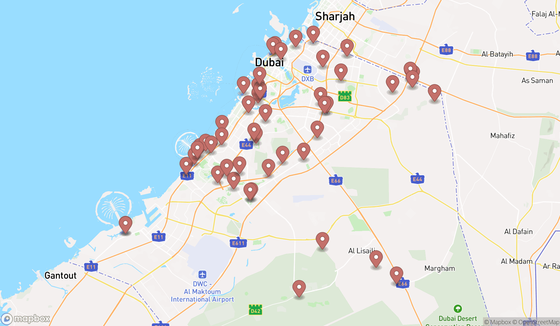 Map showing the search results in Dubai