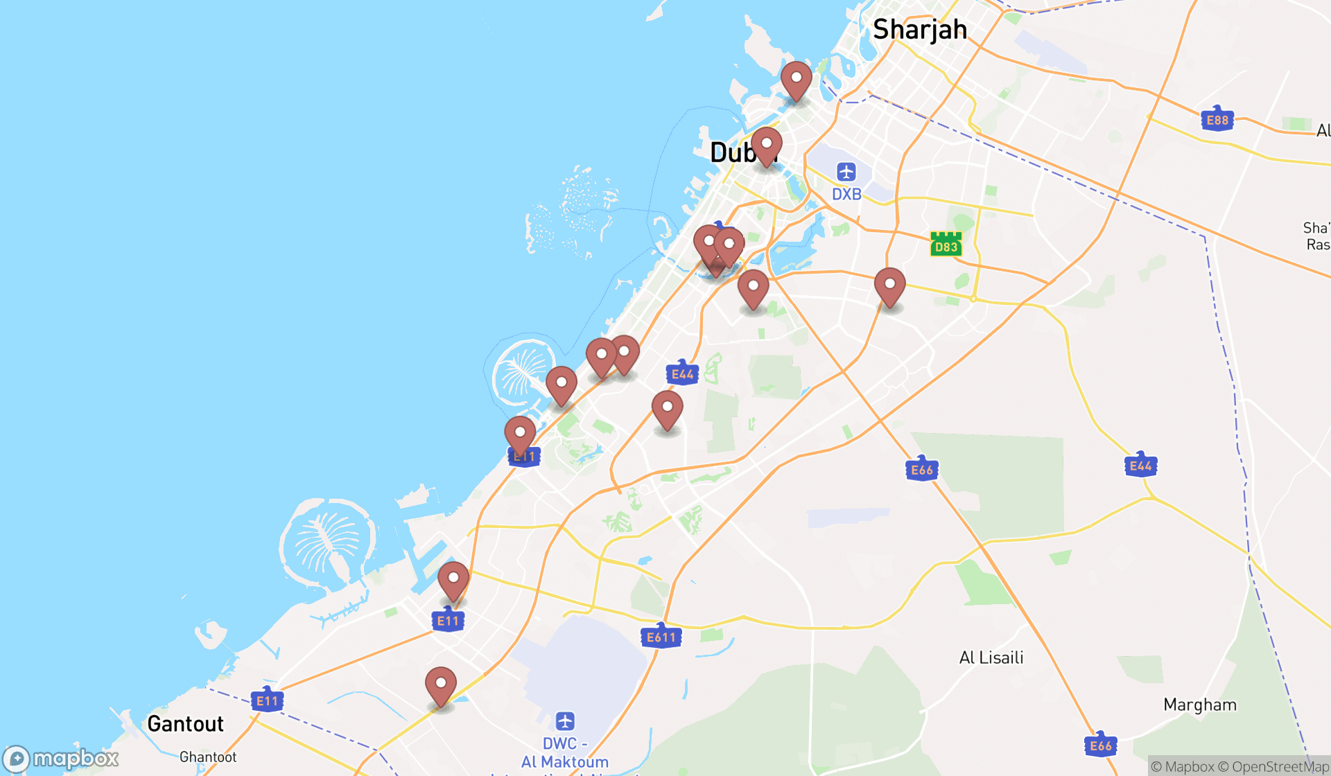 Map showing the search results in Dubai