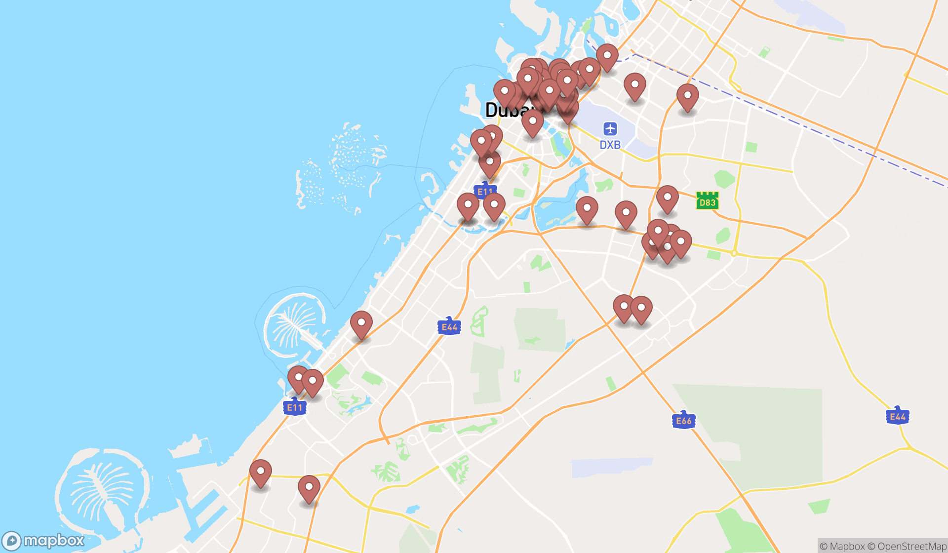 Map showing the search results in Dubai