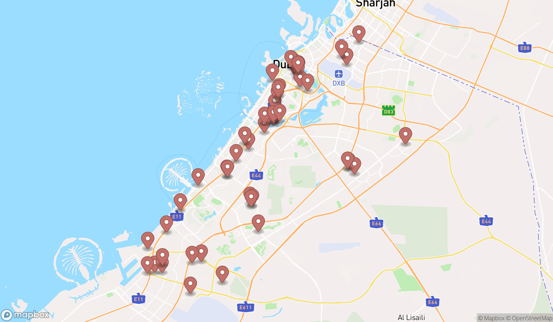 Map showing the search results in Dubai