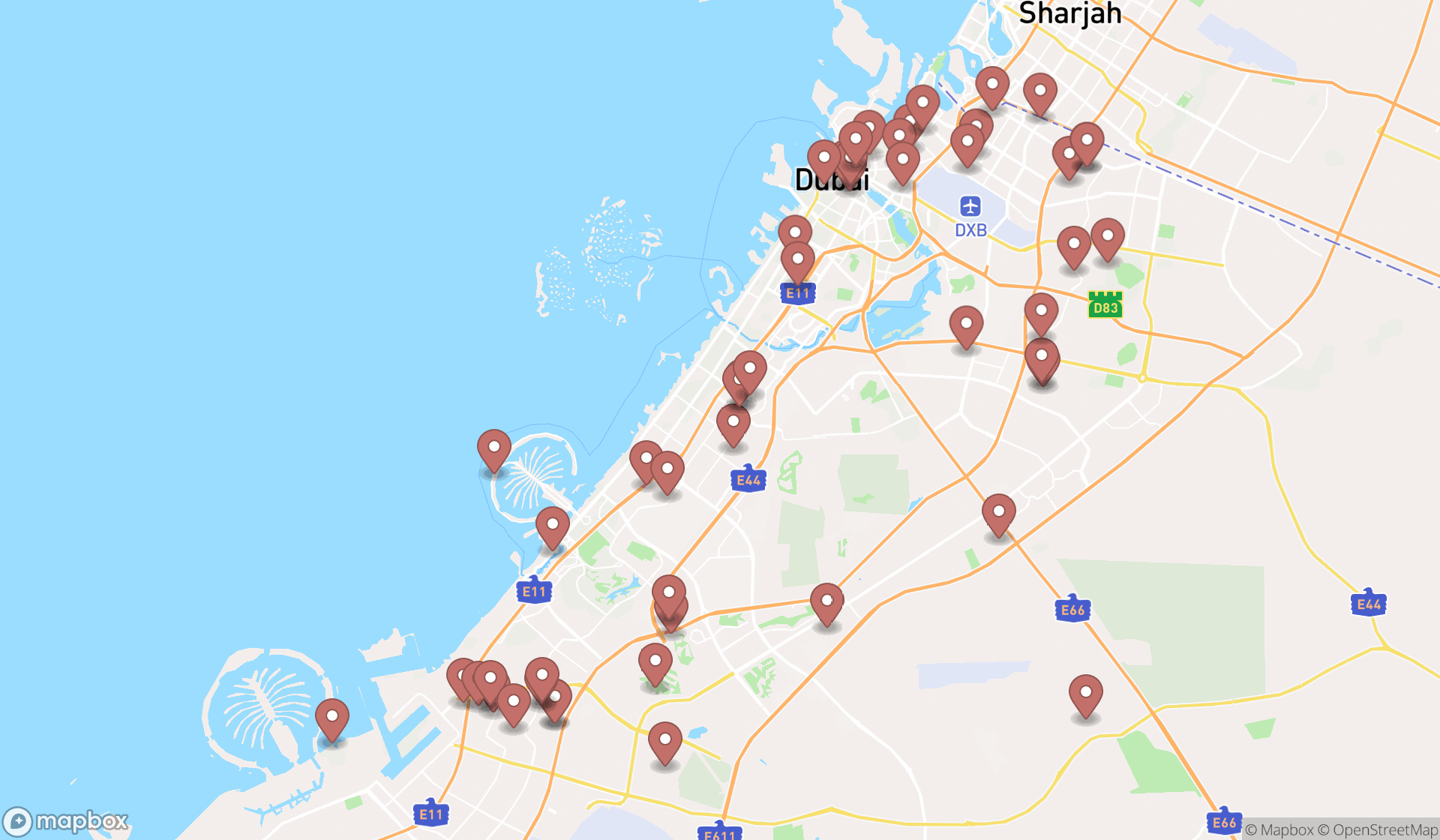 Map showing the search results in Dubai