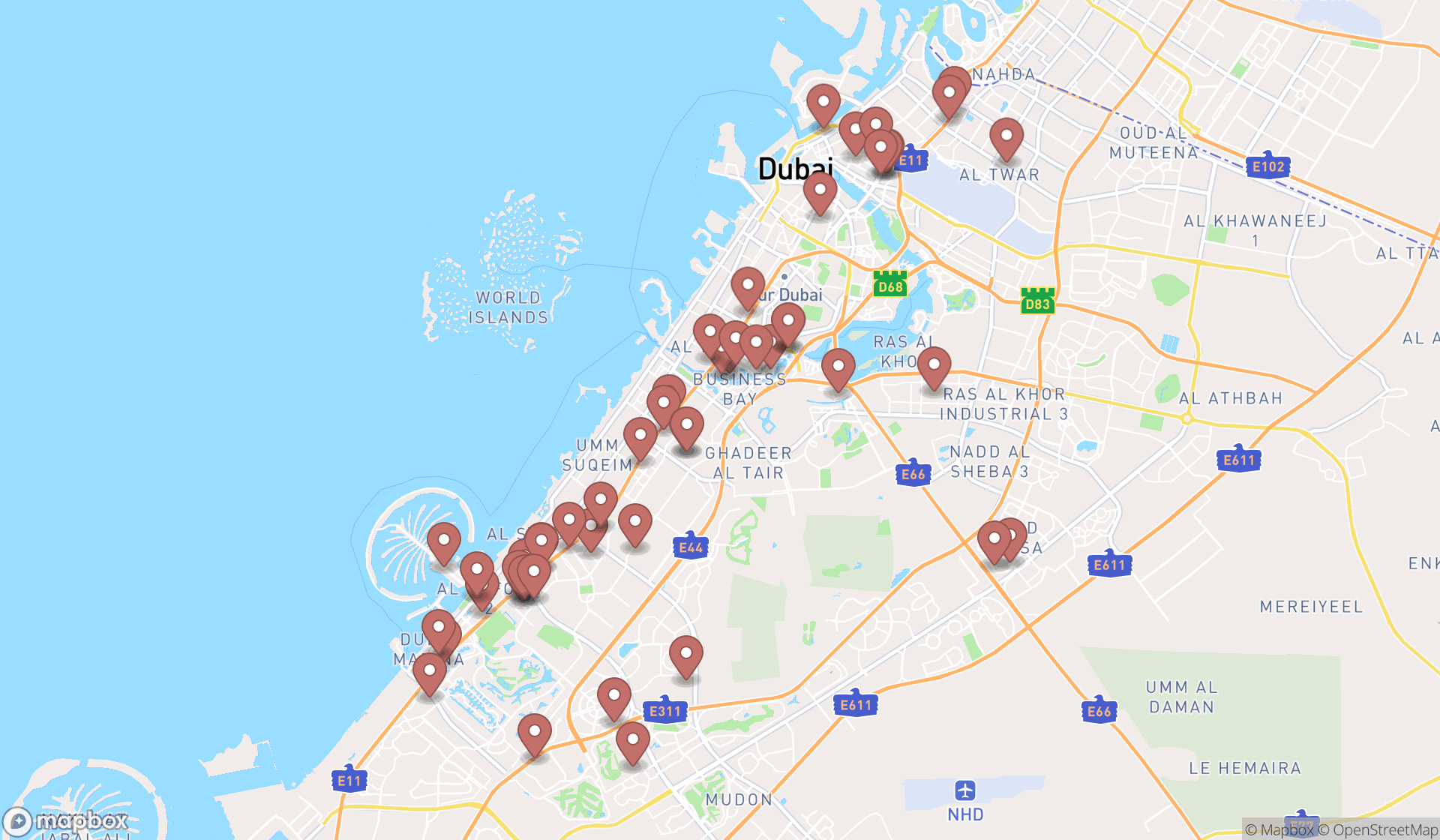 Map showing the search results in Dubai