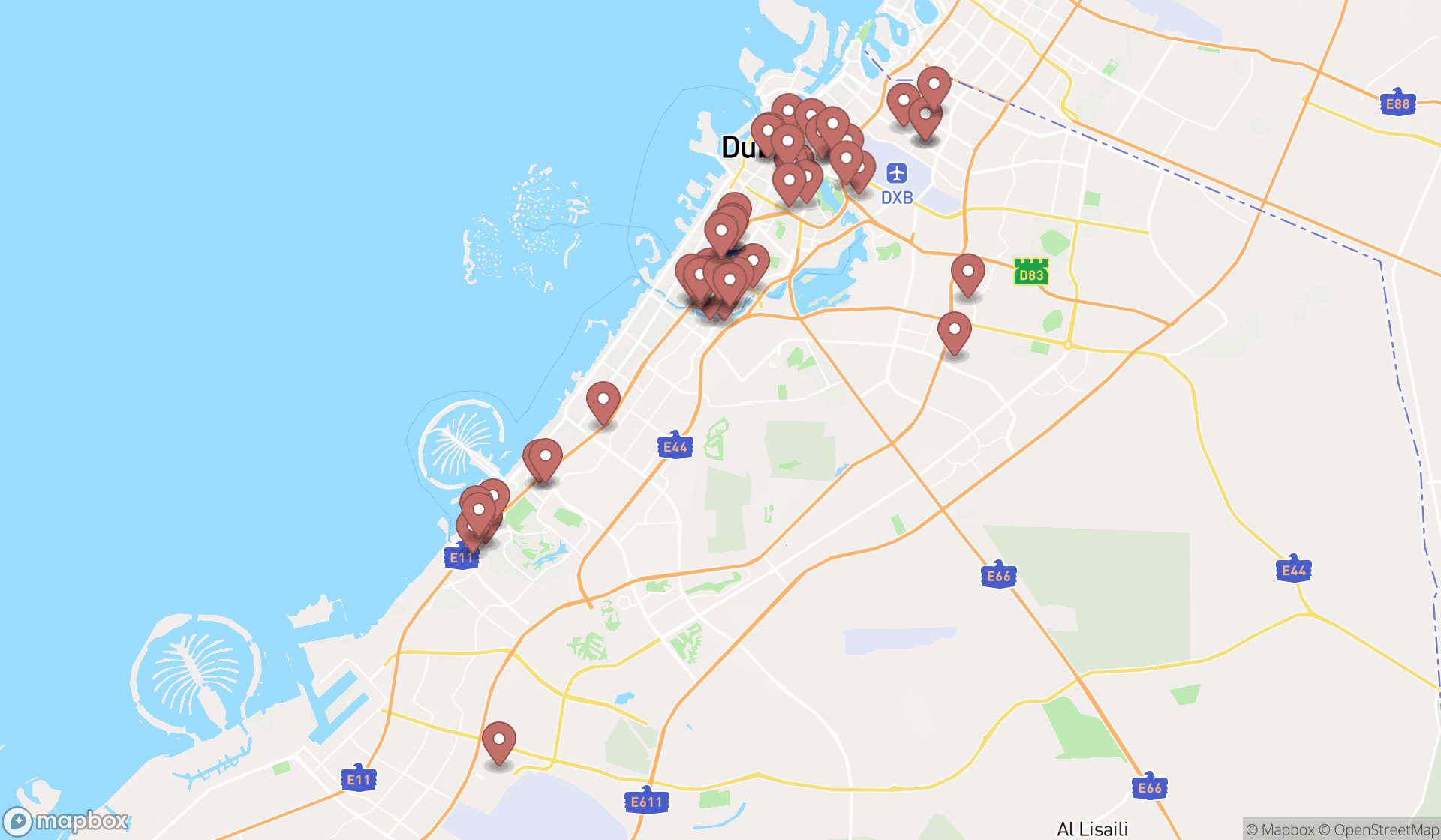 Map showing the search results in Dubai