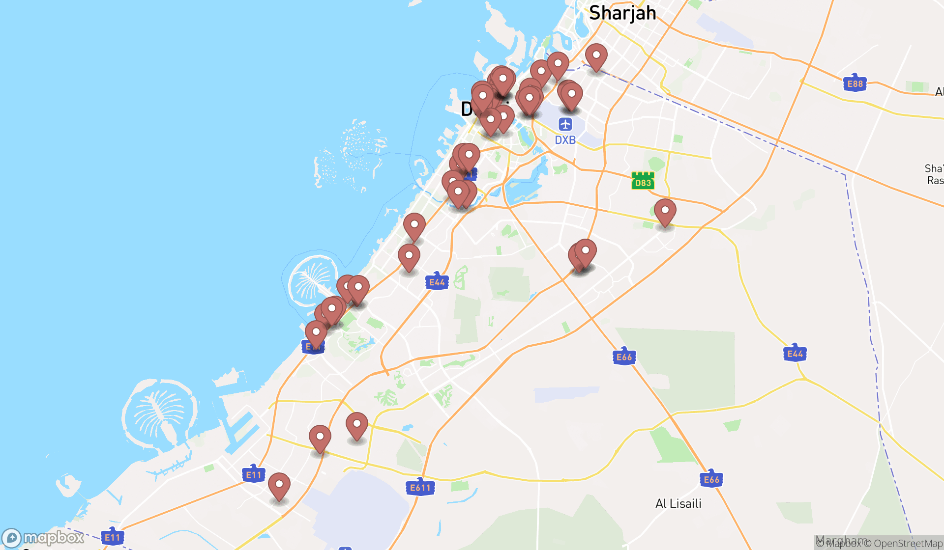 Map showing the search results in Dubai