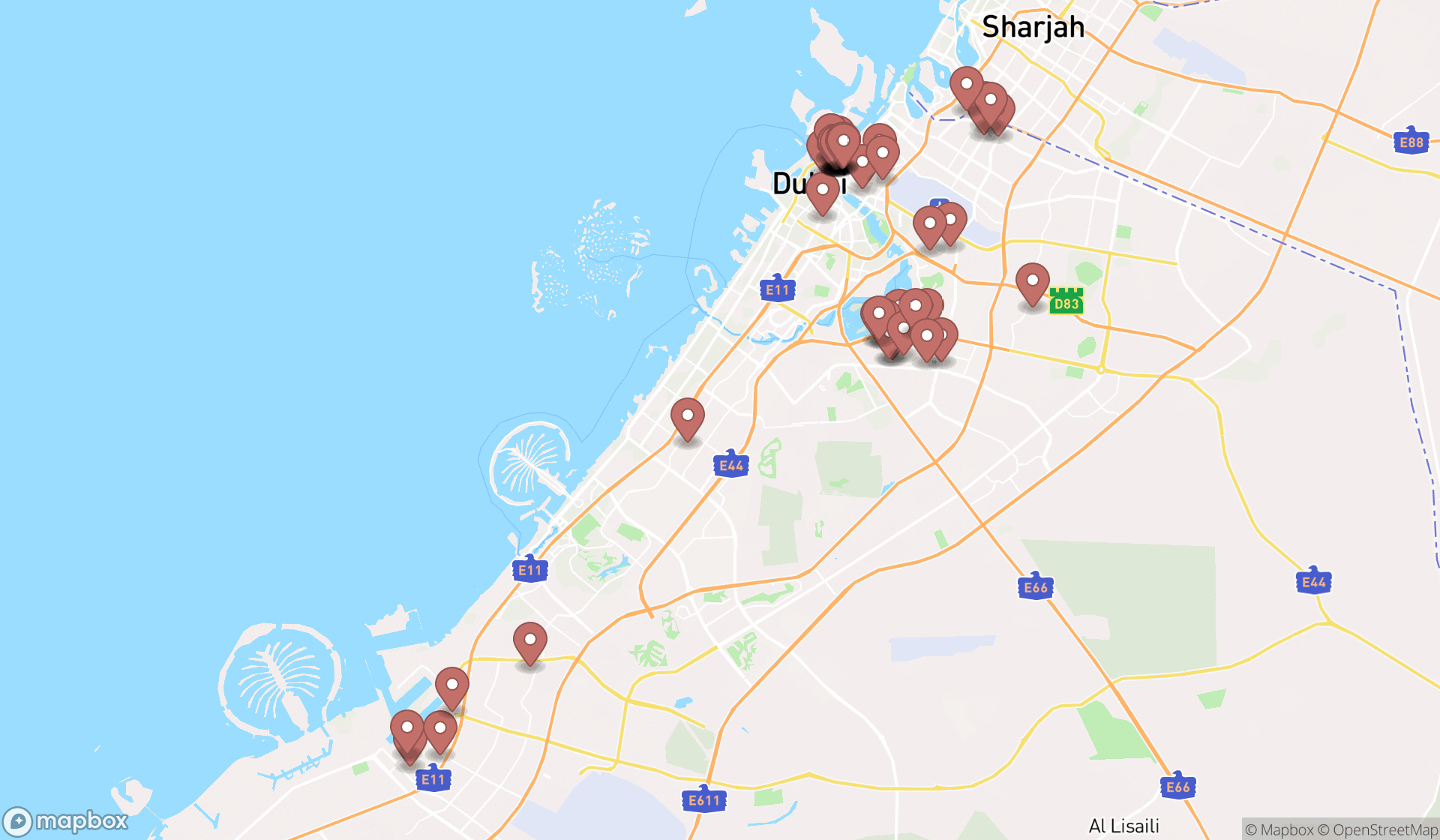 Map showing the search results in Dubai
