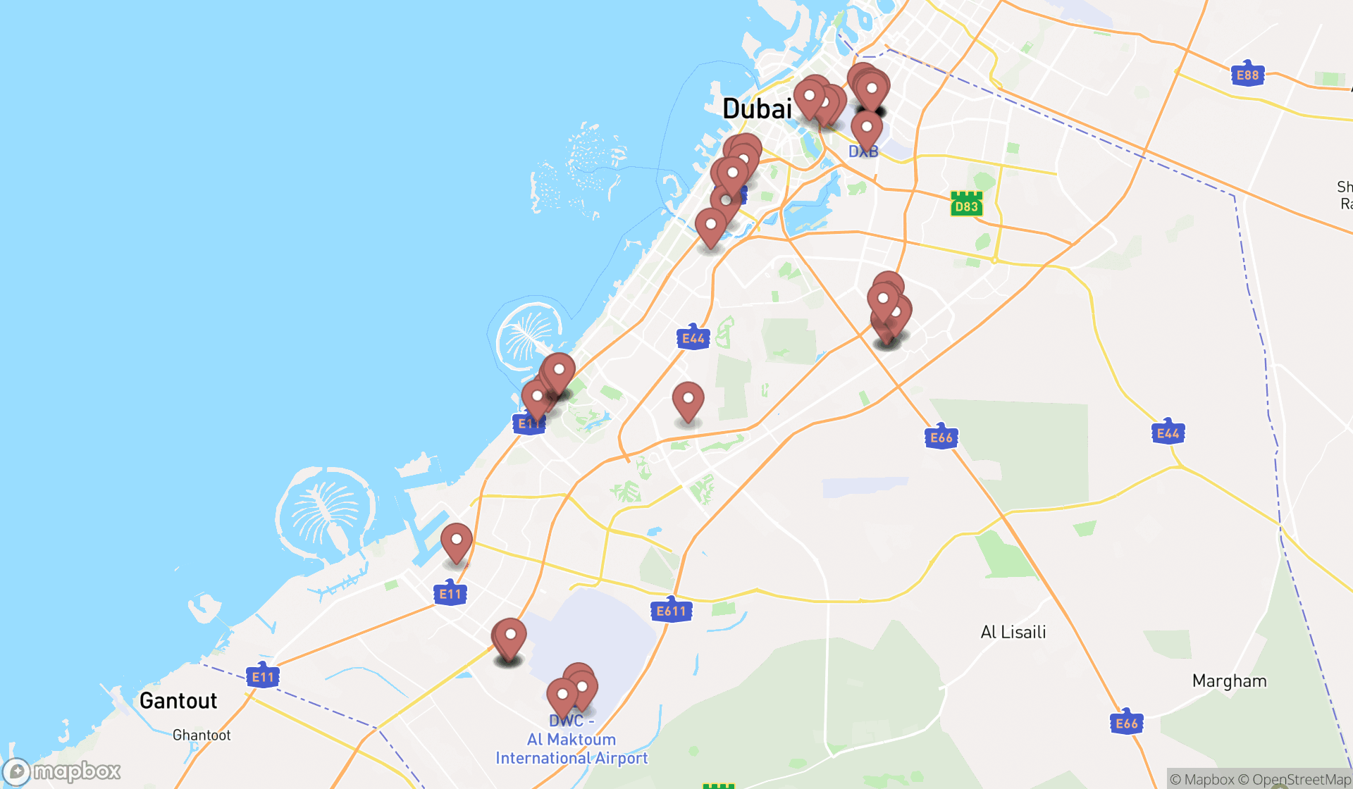 Map showing the search results in Dubai