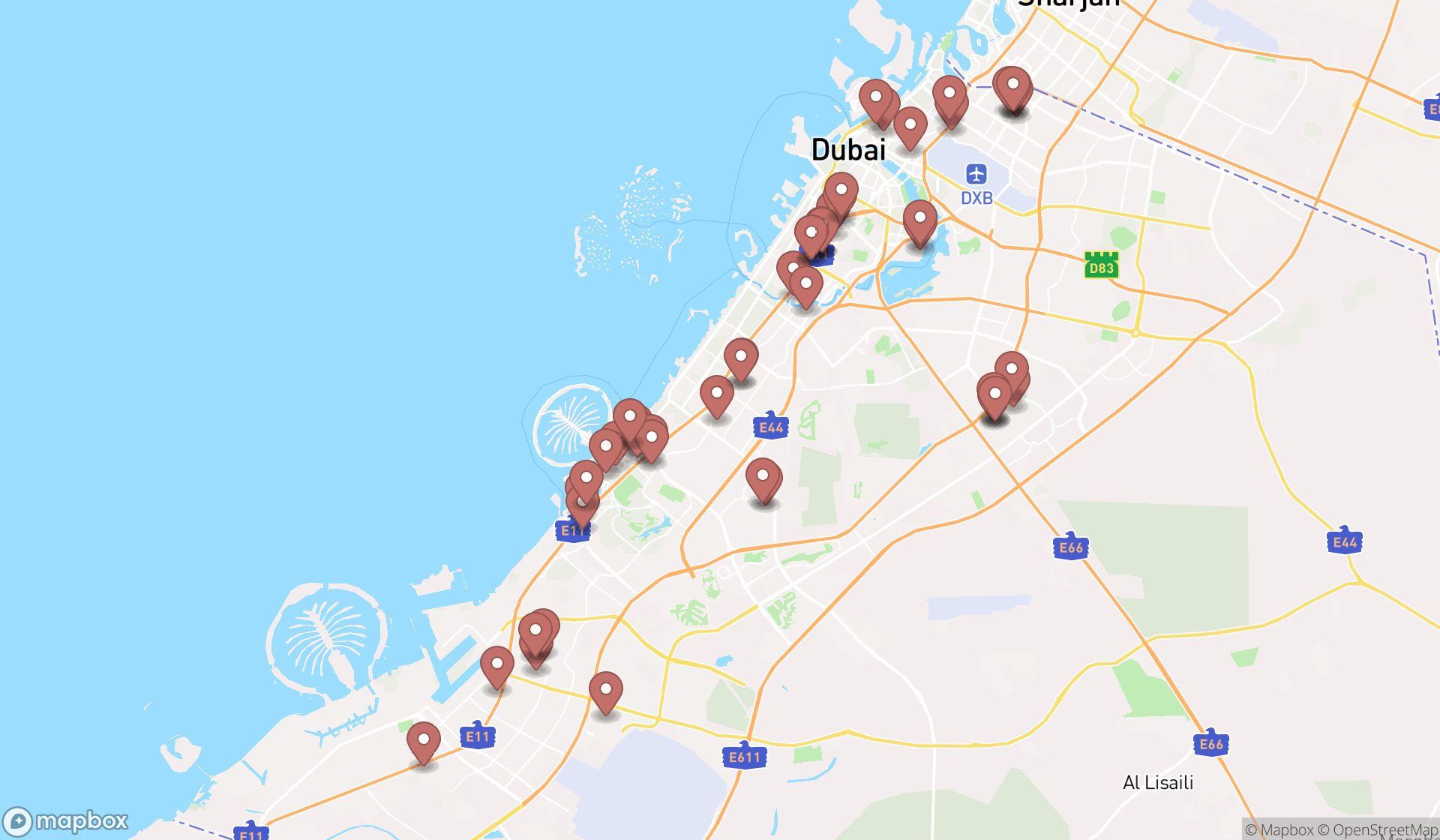 Map showing the search results in Dubai