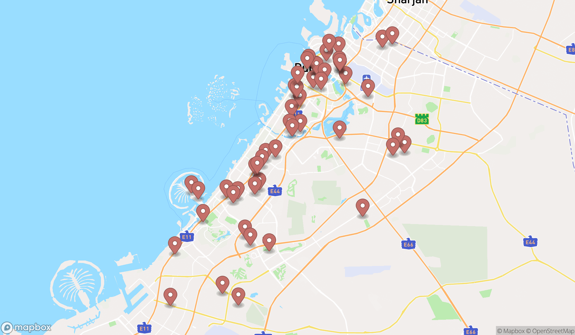 Map showing the search results in Dubai