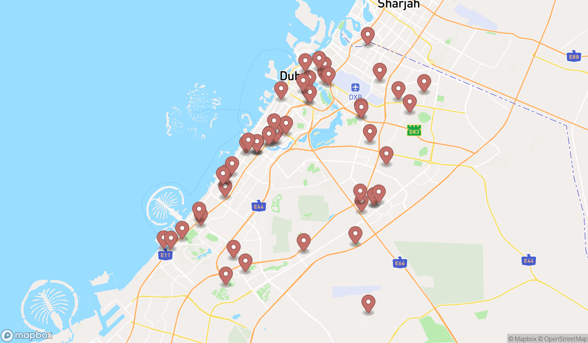 Map showing the search results in Dubai
